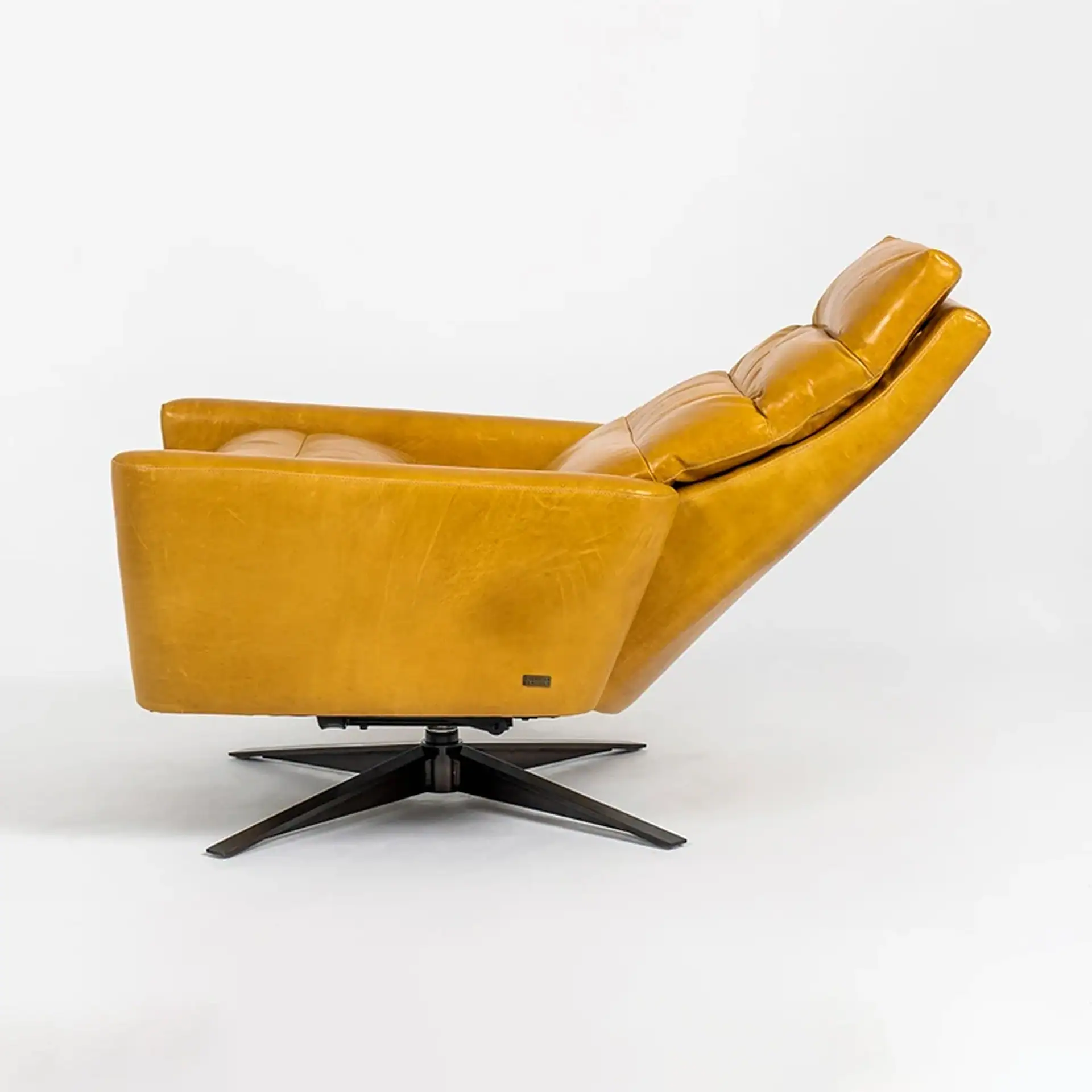 Side view of a mustard yellow leather recliner chair in a reclined position, with a dark four-star swivel base, against a white background.