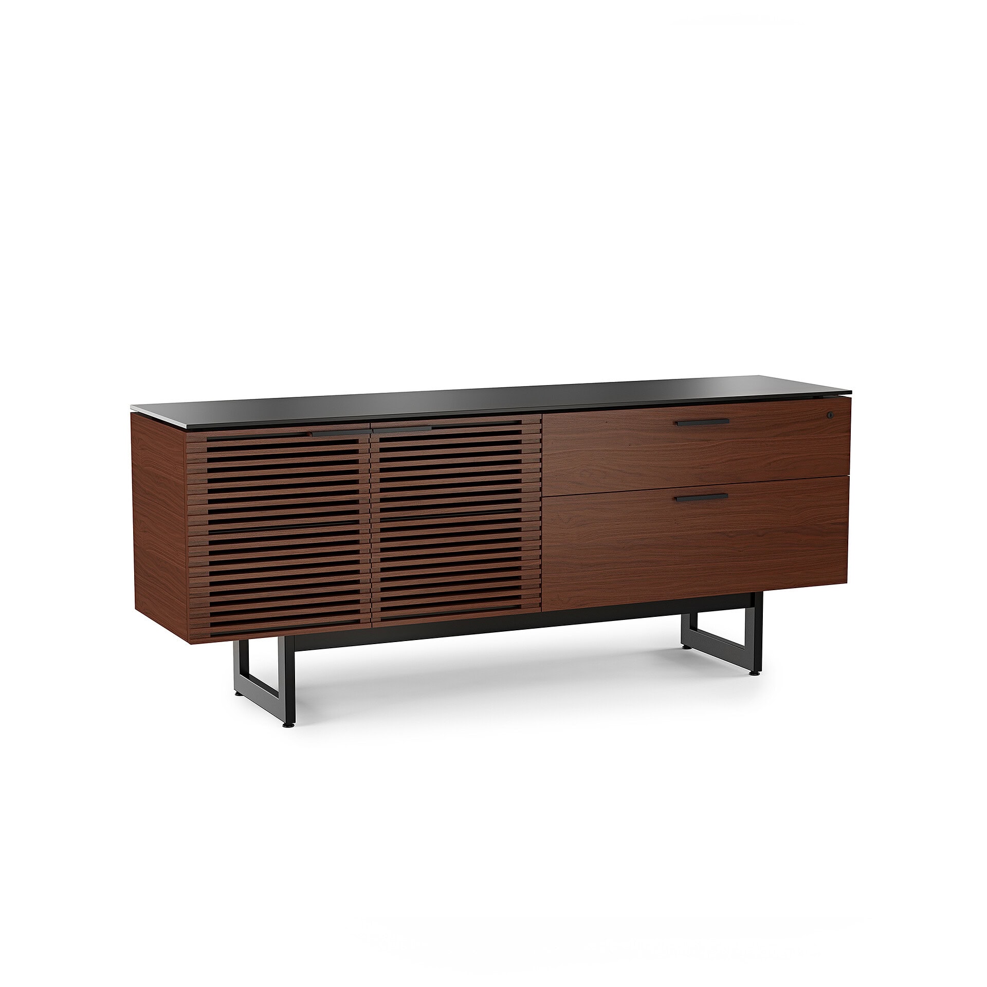 Elegant wooden sideboard with black metal legs, featuring slatted doors and spacious drawers.