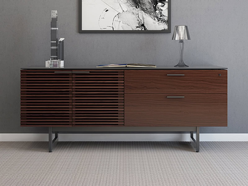 Elegant walnut sideboard with slatted doors and sleek metal legs.
