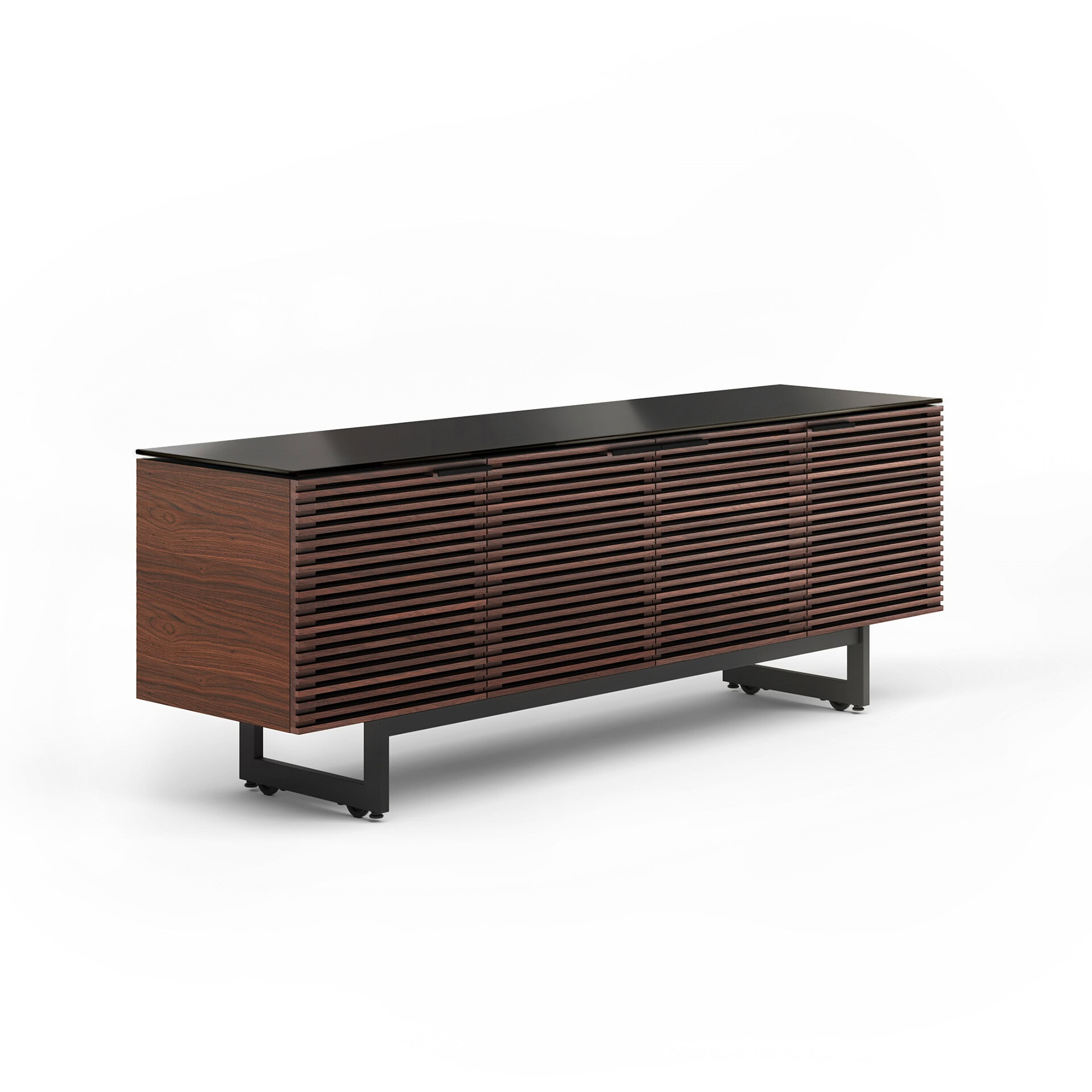 Elegant wooden sideboard with slatted doors, black top, and sturdy black metal legs.