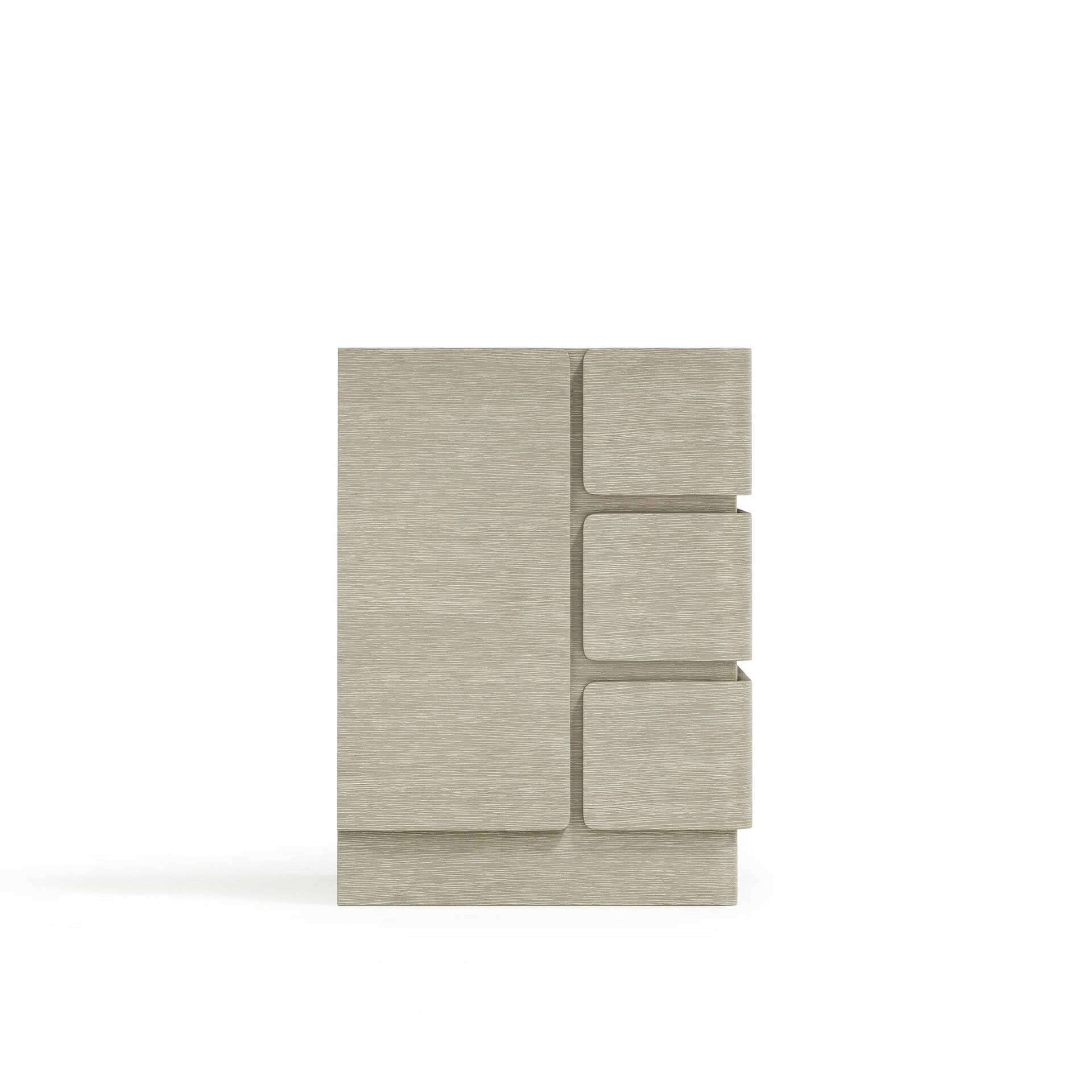 Beige storage cabinet with drawers and compartments for organized living spaces.