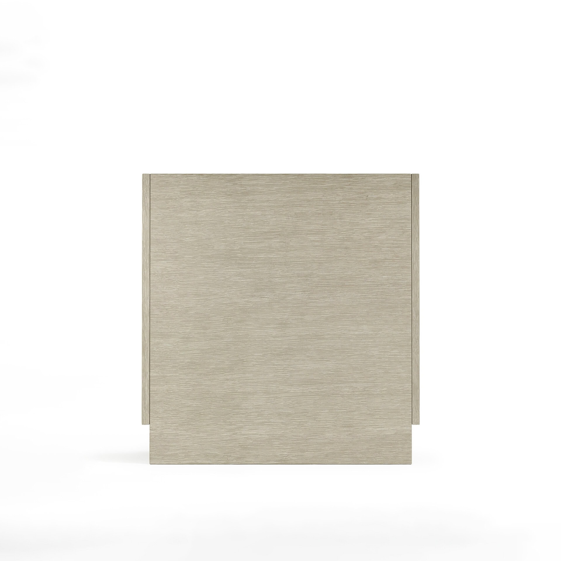 Beige upholstered ottoman for living room decor, modern furniture piece.