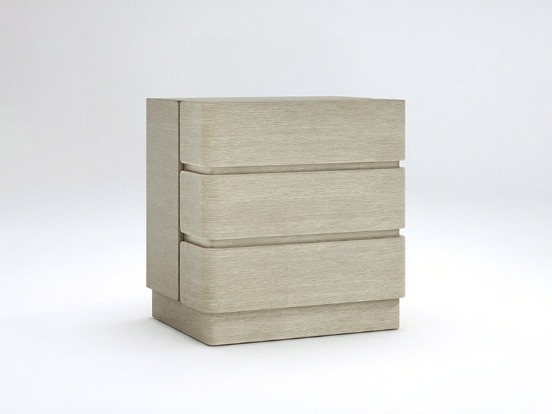 Beige wooden dresser with three spacious drawers, ideal for bedroom organization.