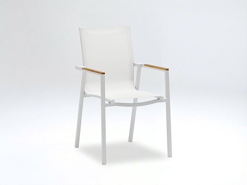 White dining chair with sleek design and wooden armrests, ideal for contemporary home interiors.