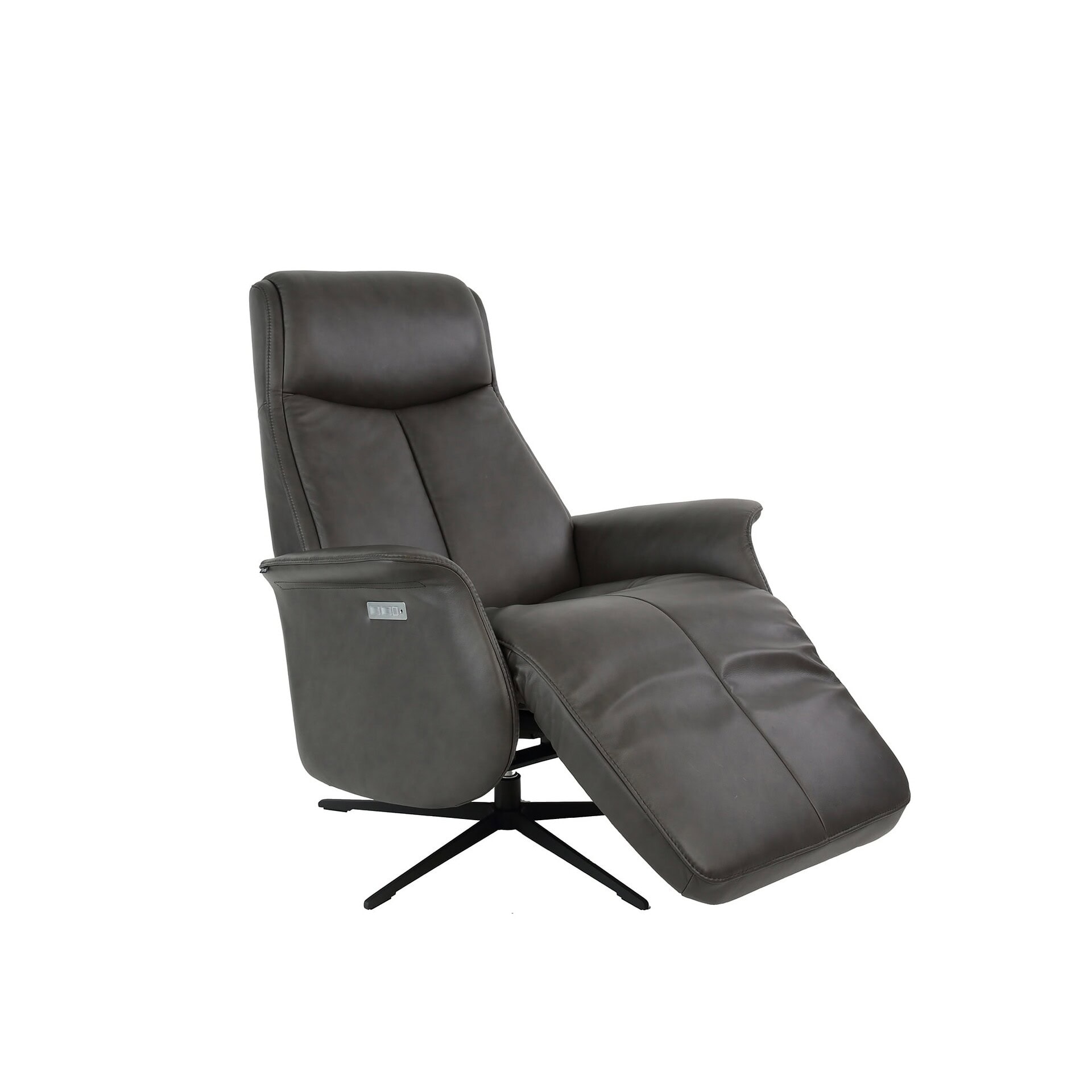 Comfortable black leather recliner chair with adjustable footrest for relaxation.