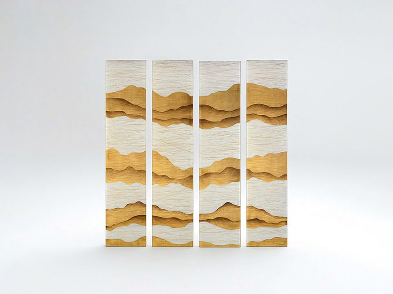 Contemporary wooden wall art panels with layered wave design for stylish interior decor.