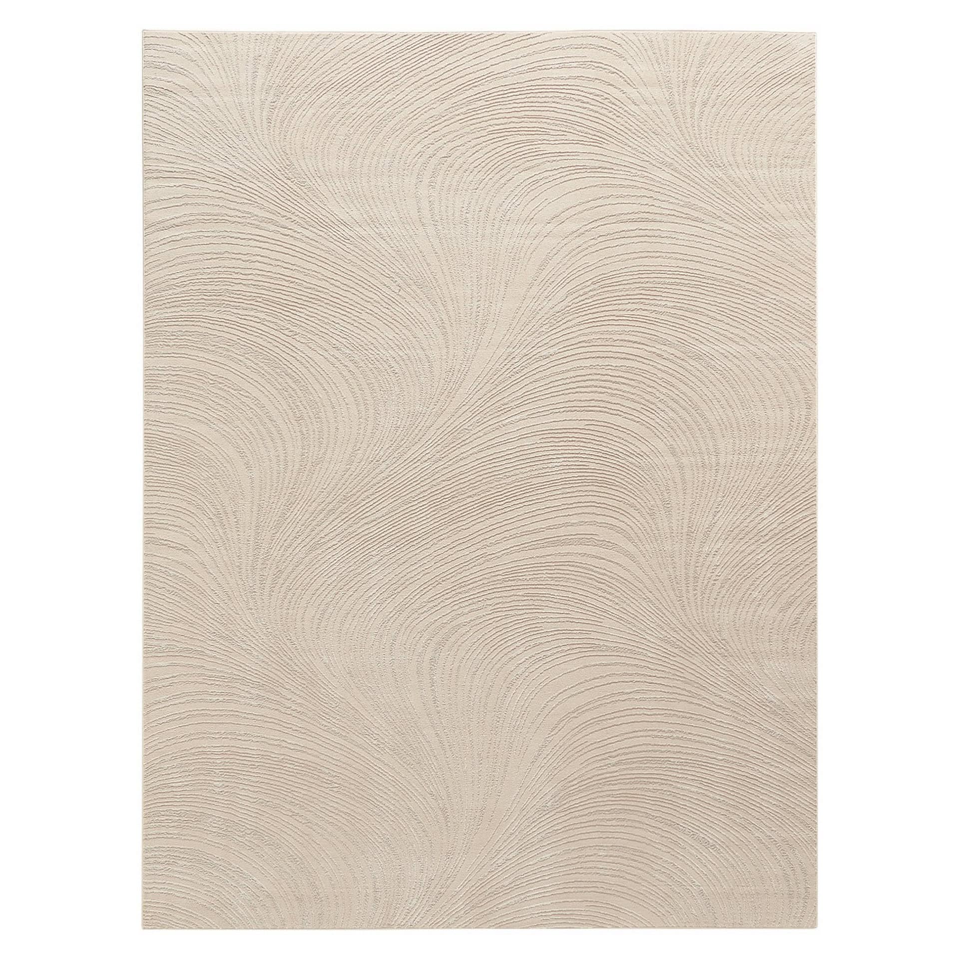 Beige textured area rug with subtle swirl pattern, perfect for enhancing living room aesthetics.
