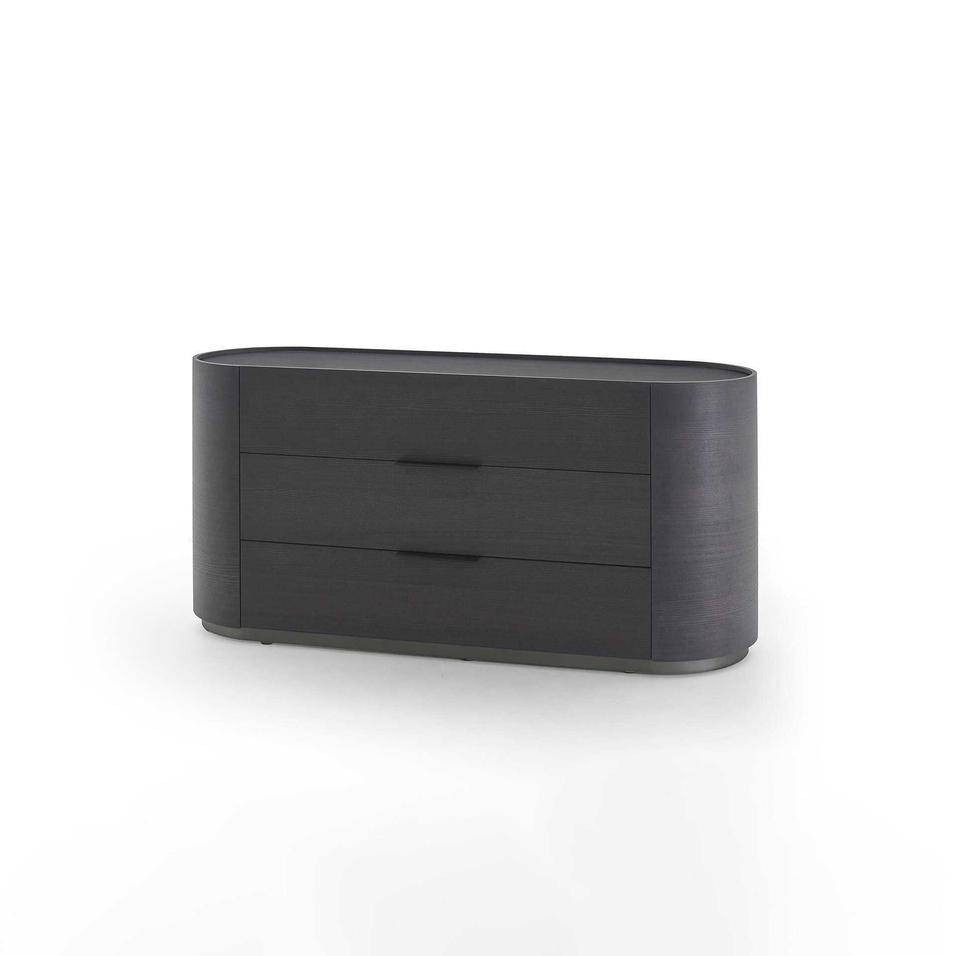 Dark wood dresser with three spacious drawers for bedroom organization.