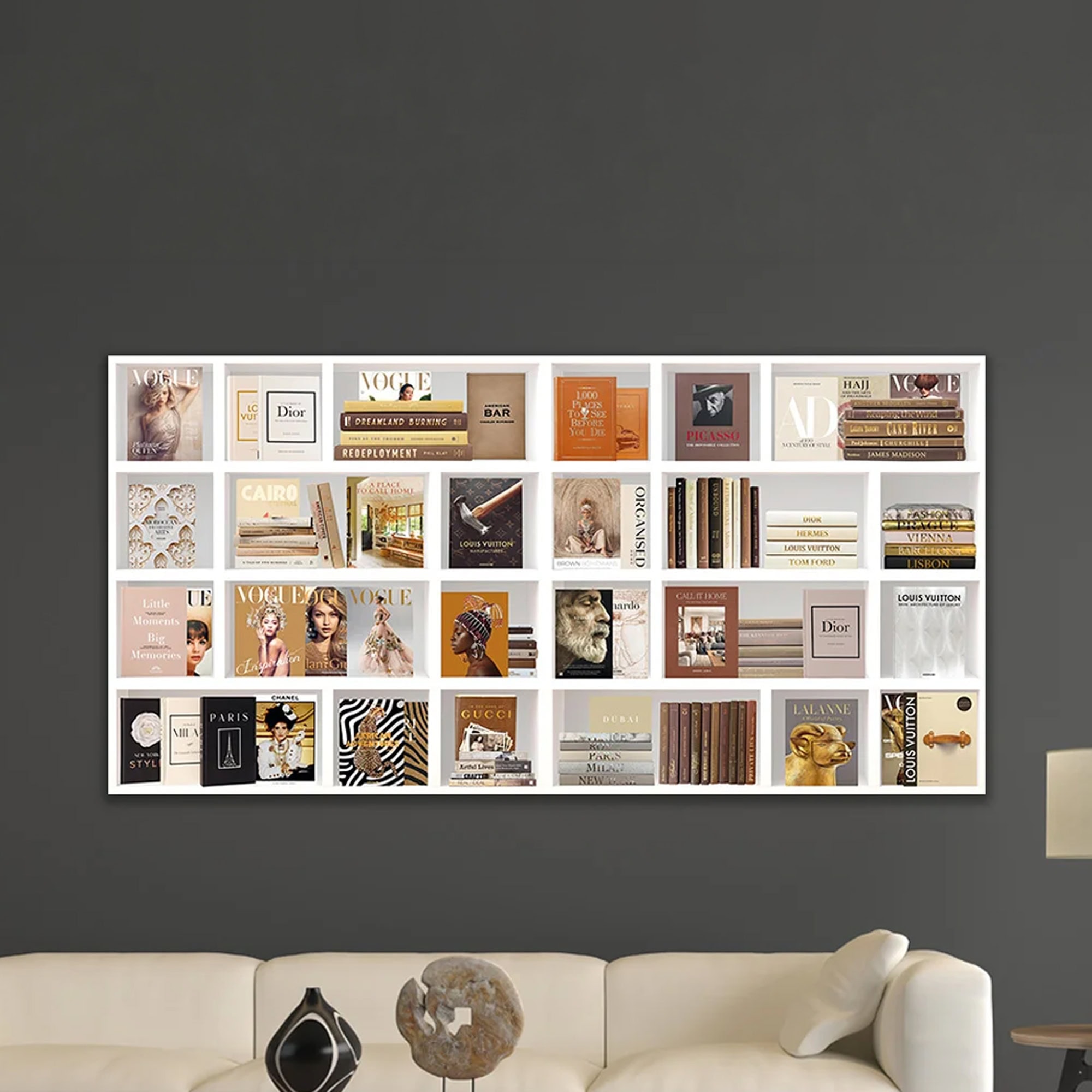 Modern bookshelf with fashion and luxury magazine covers at Sklar Furnishings.