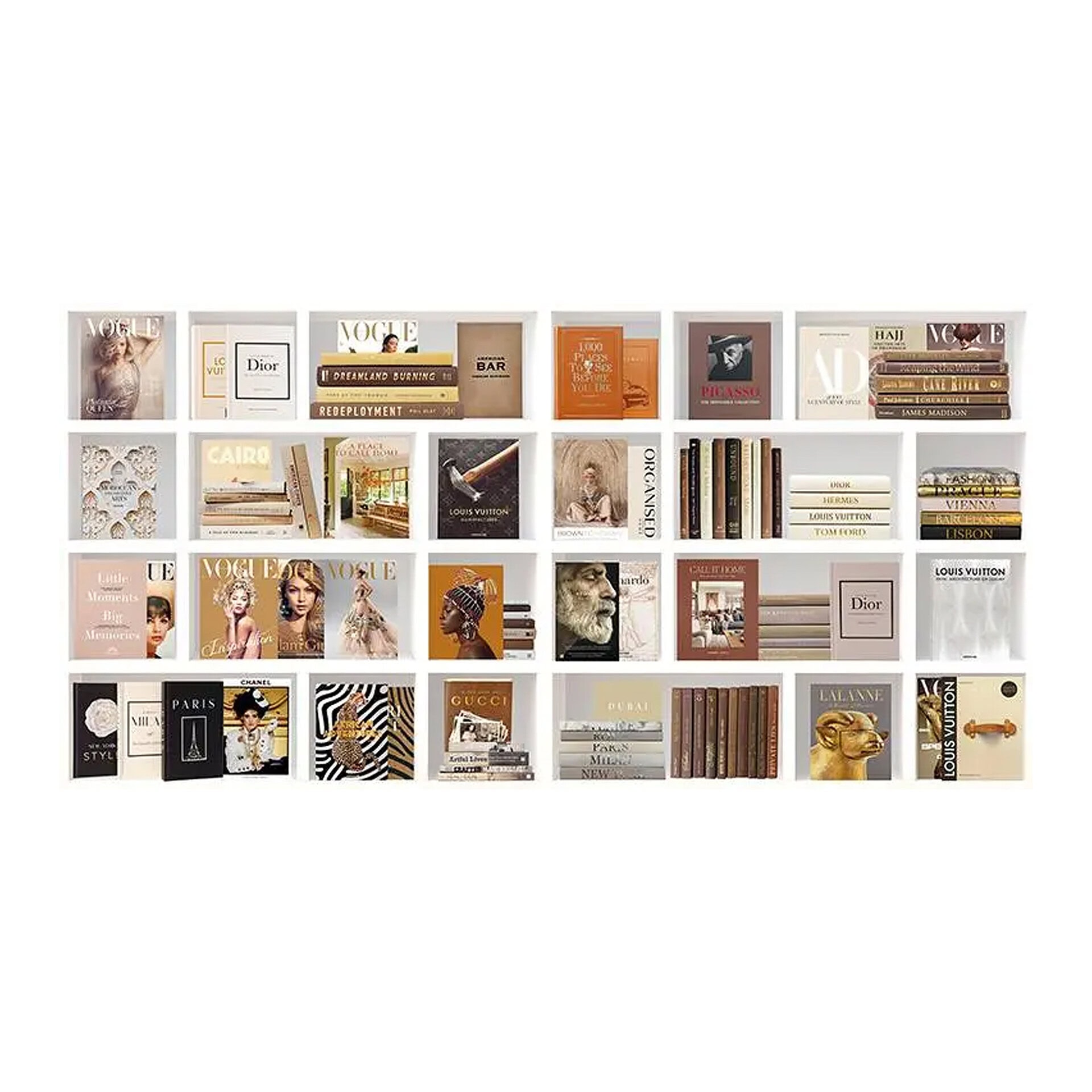 Bookshelf with fashion, lifestyle, and art books, along with decorative accessories for stylish inte.