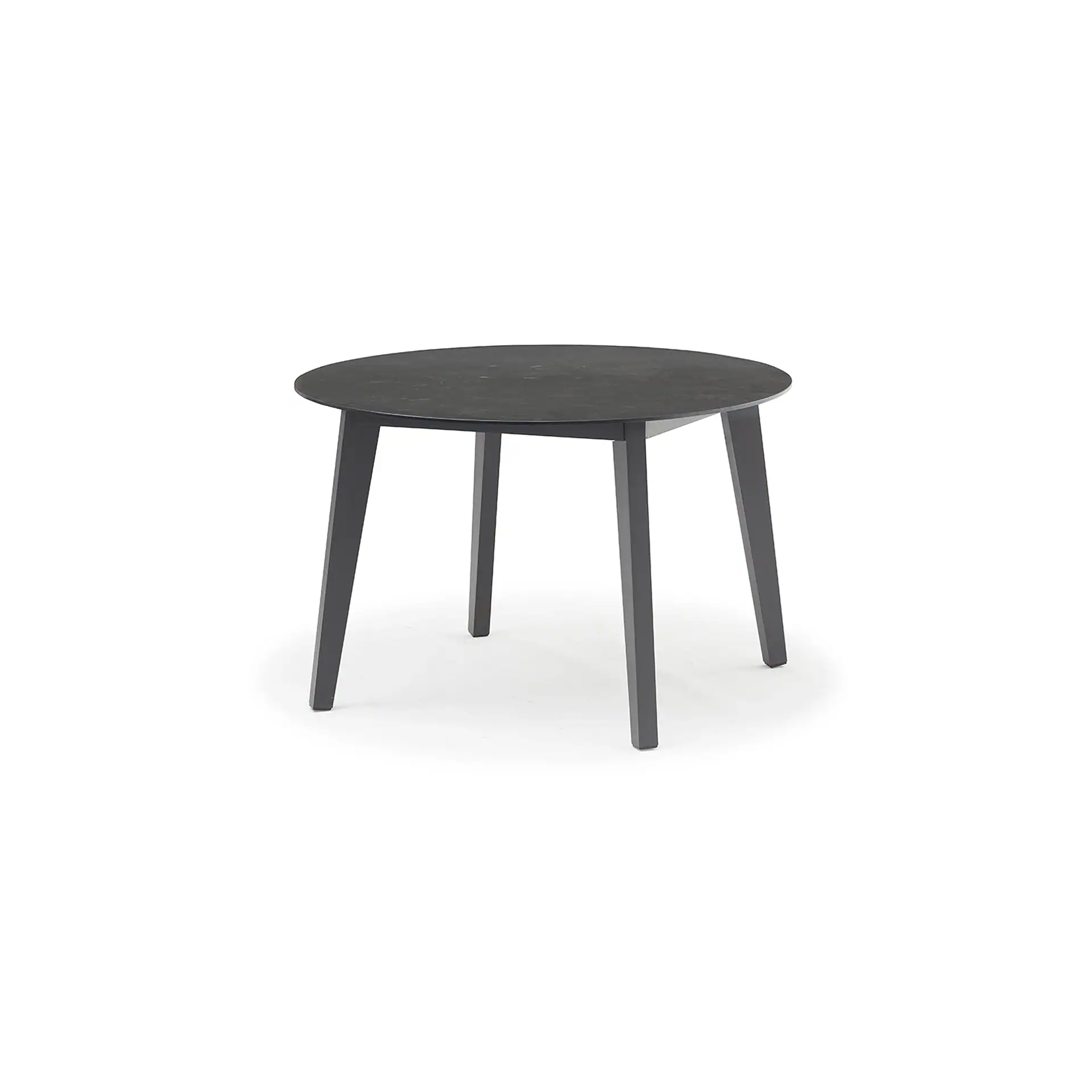 A dark gray round table with a textured top and four matching legs, centered on a white background.