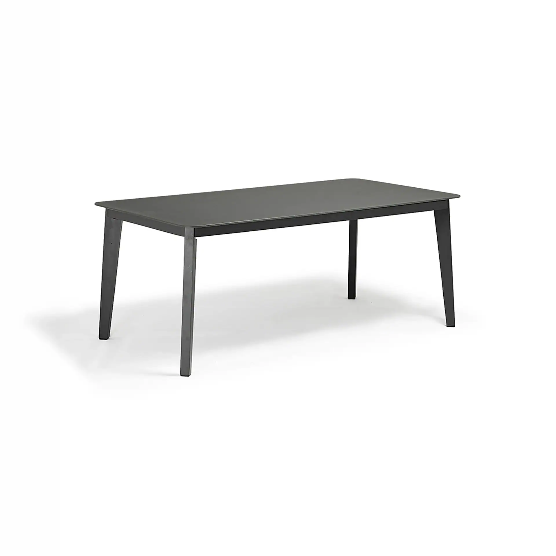 A dark gray rectangular dining table with rounded corners and matching legs on a white background.