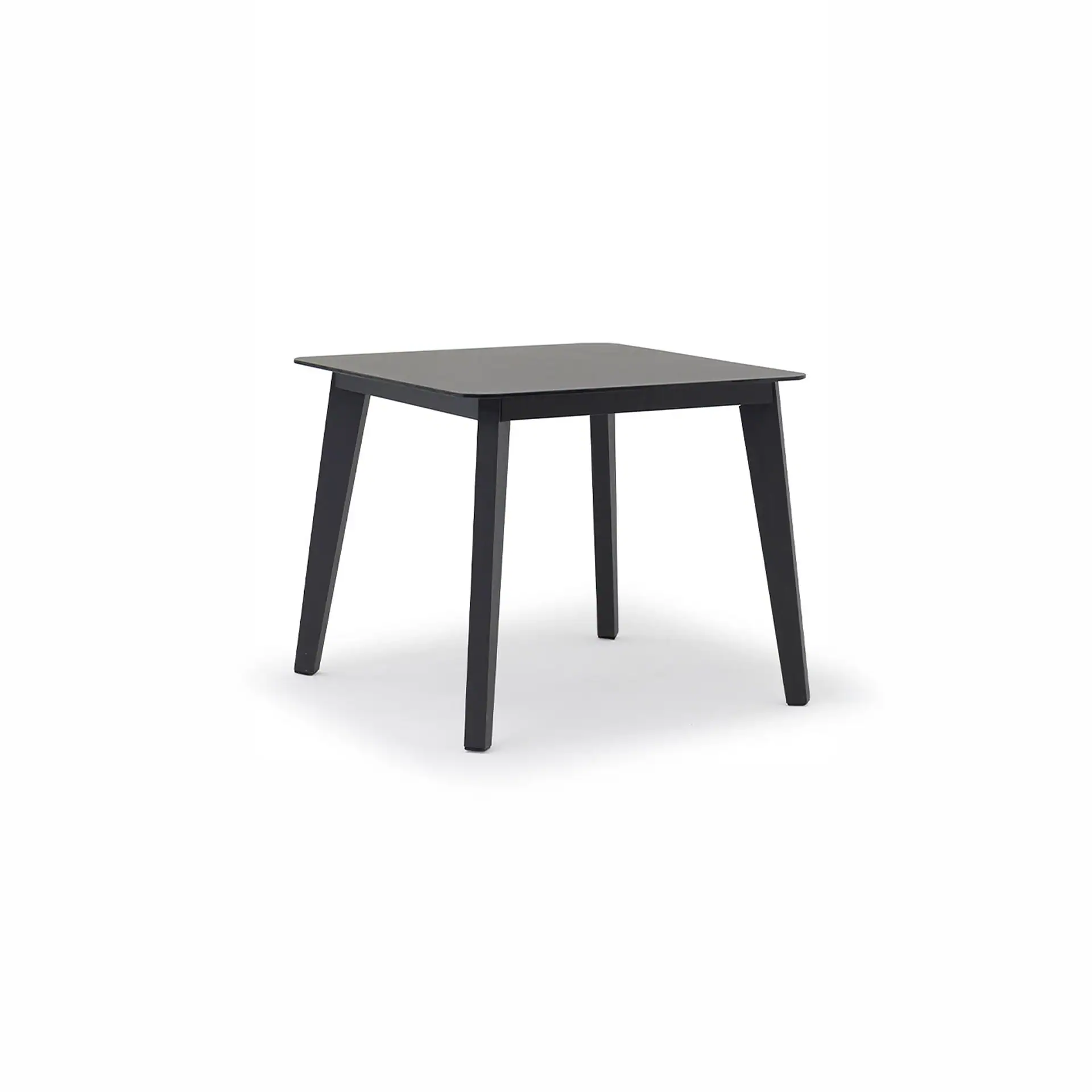 A dark grey square table with four angled legs on a white background.
