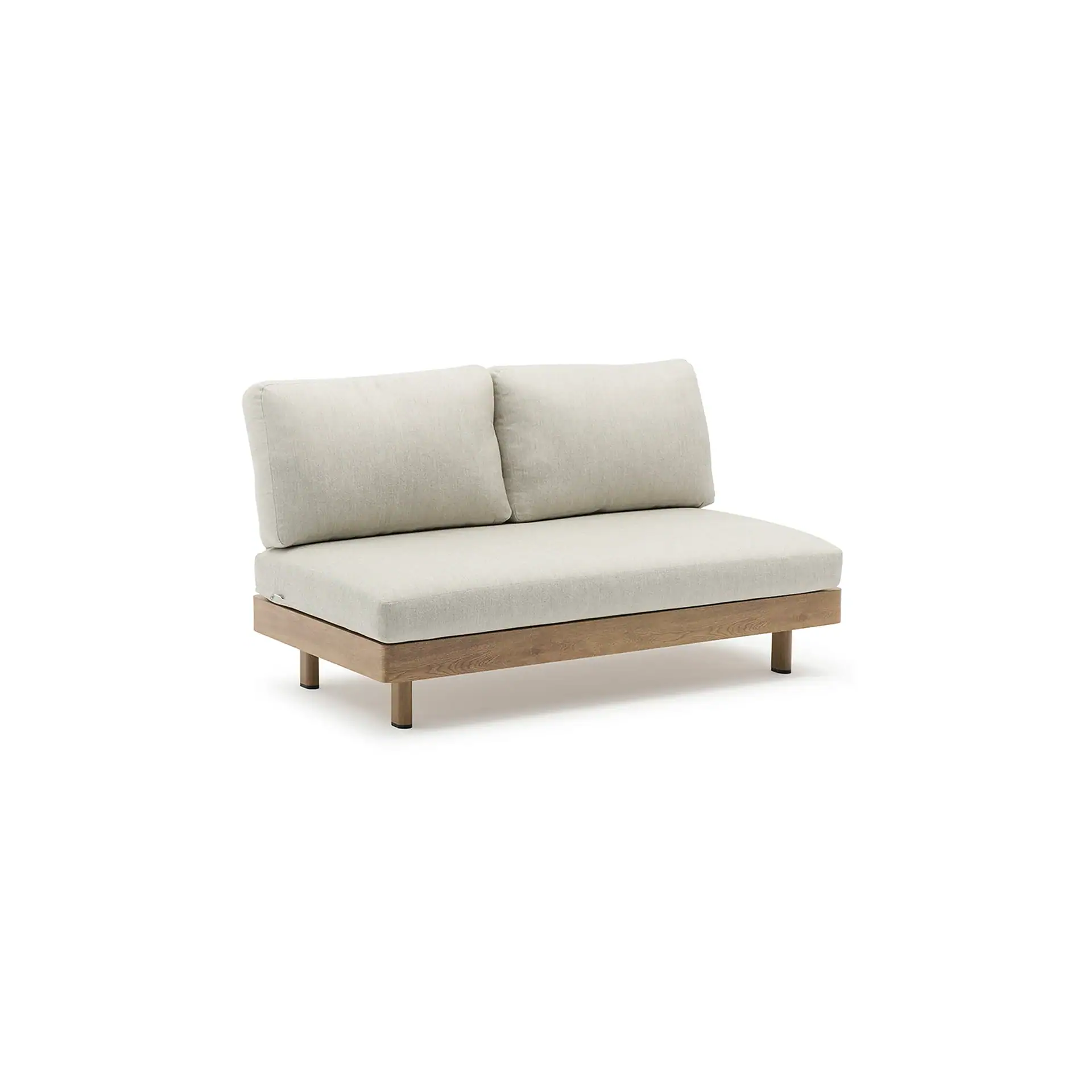 A modern two-seater sofa with light beige fabric cushions and a natural wood frame, on a white background.
