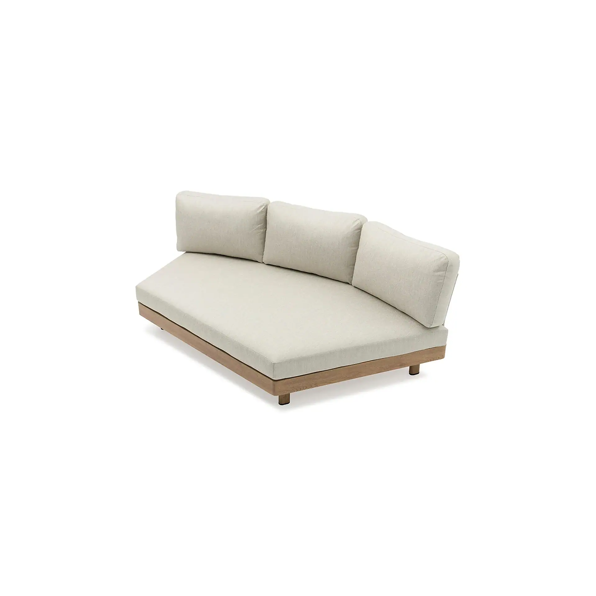 A modern light beige daybed with a natural wood frame and three back cushions, viewed from an angle on a white background.