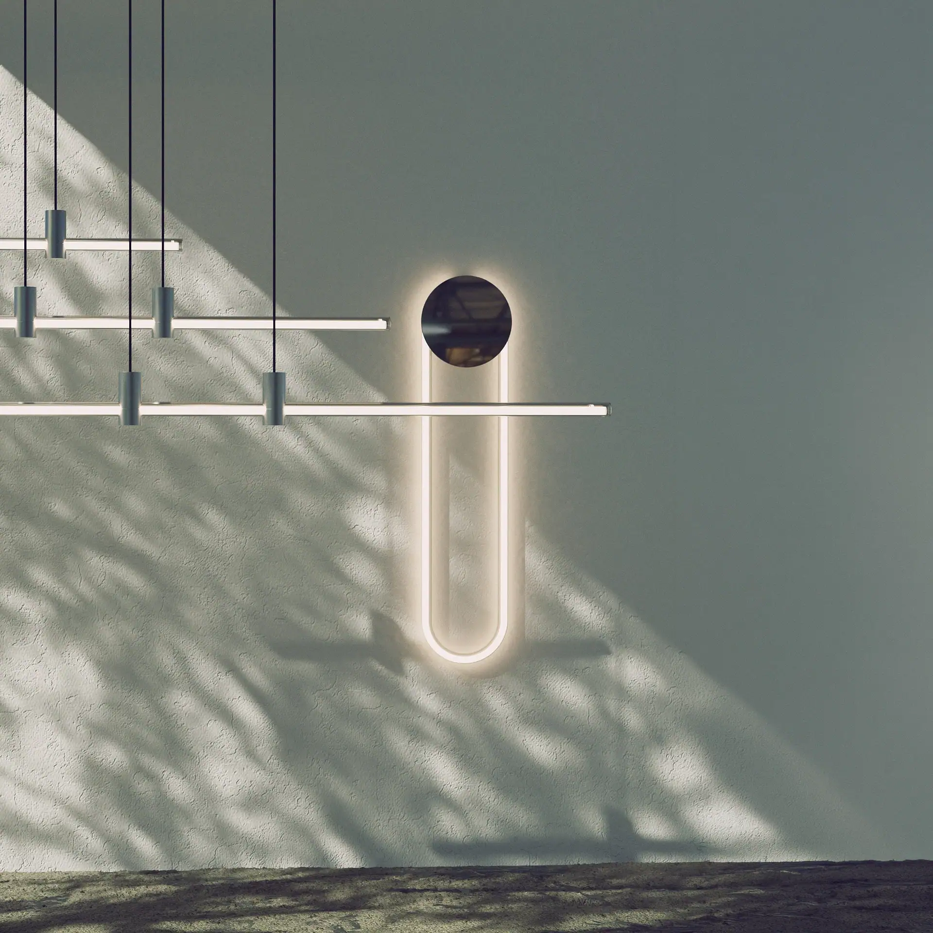 Sklar Furnishings RA Sculptural Wall Sconce with black sphere and light tube.