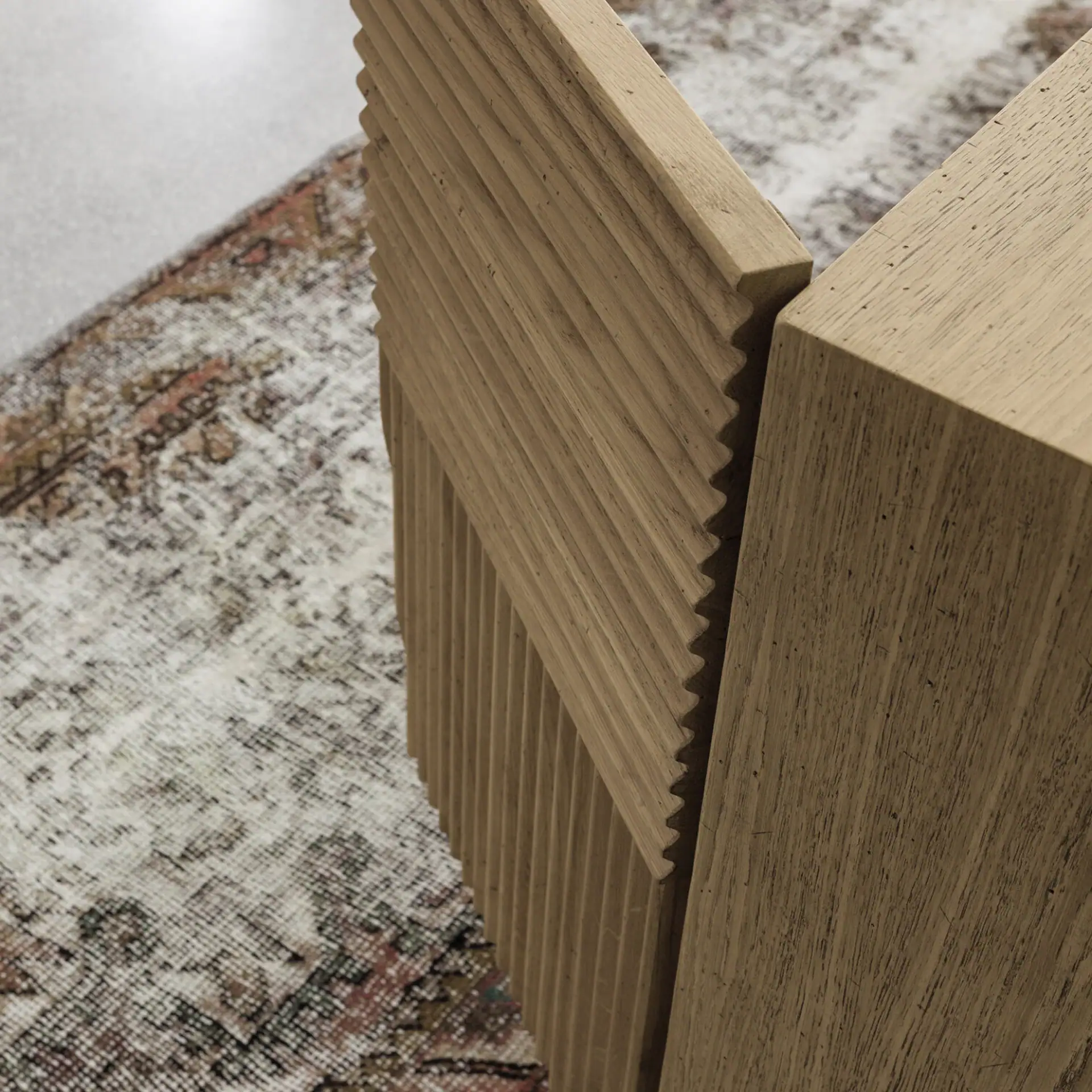 Contemporary wooden sideboard with textured and smooth finishes for stylish storage.