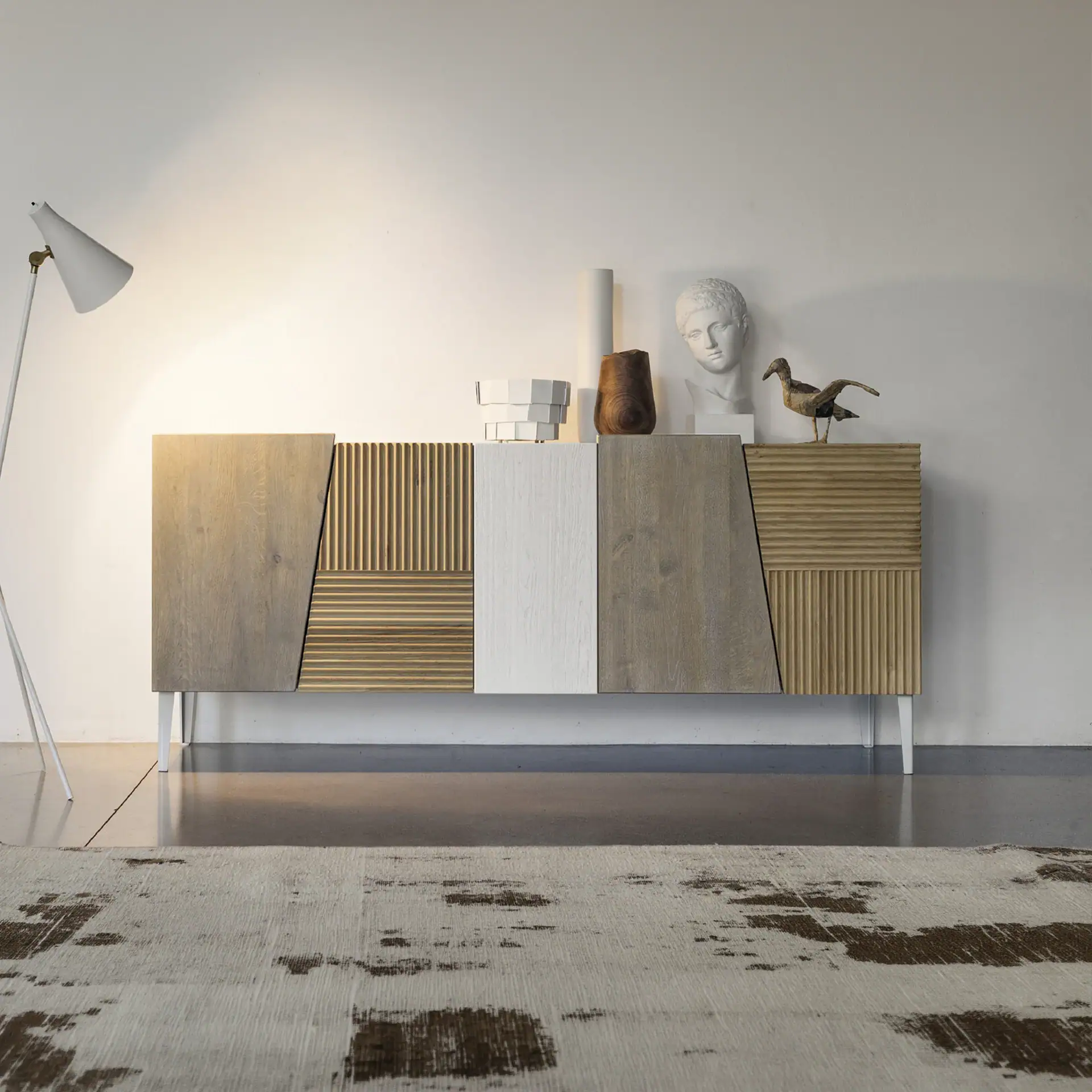 Modern wooden sideboard with geometric design.