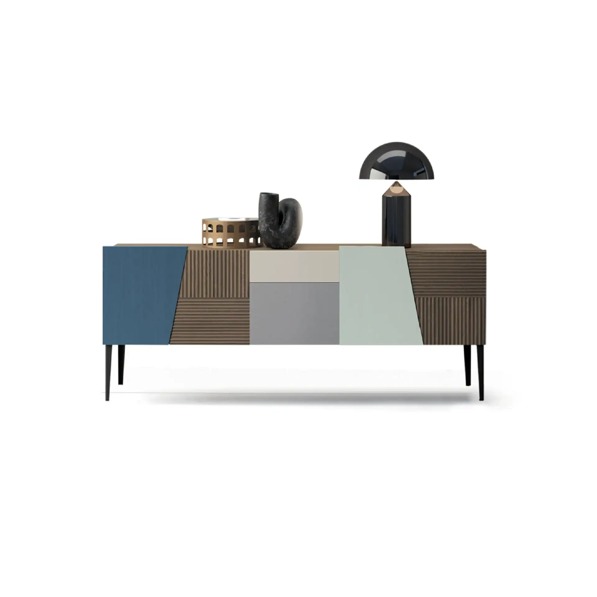 Elegant modern sideboard with geometric color blocks in blue, gray, and wood tones. Perfect for cont.
