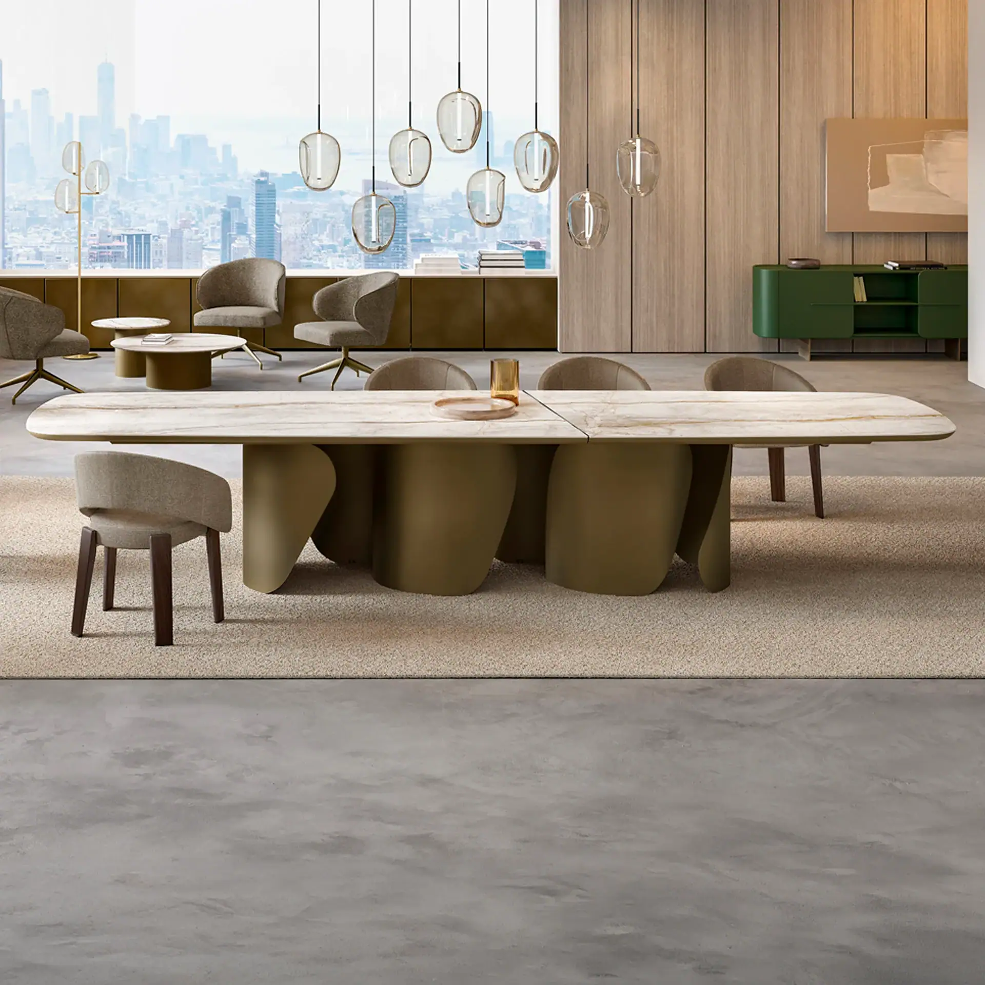 A modern dining room and lounge area with a large window overlooking a city skyline. The room features a long marble dining table, upholstered chairs, and numerous glass pendant lights.