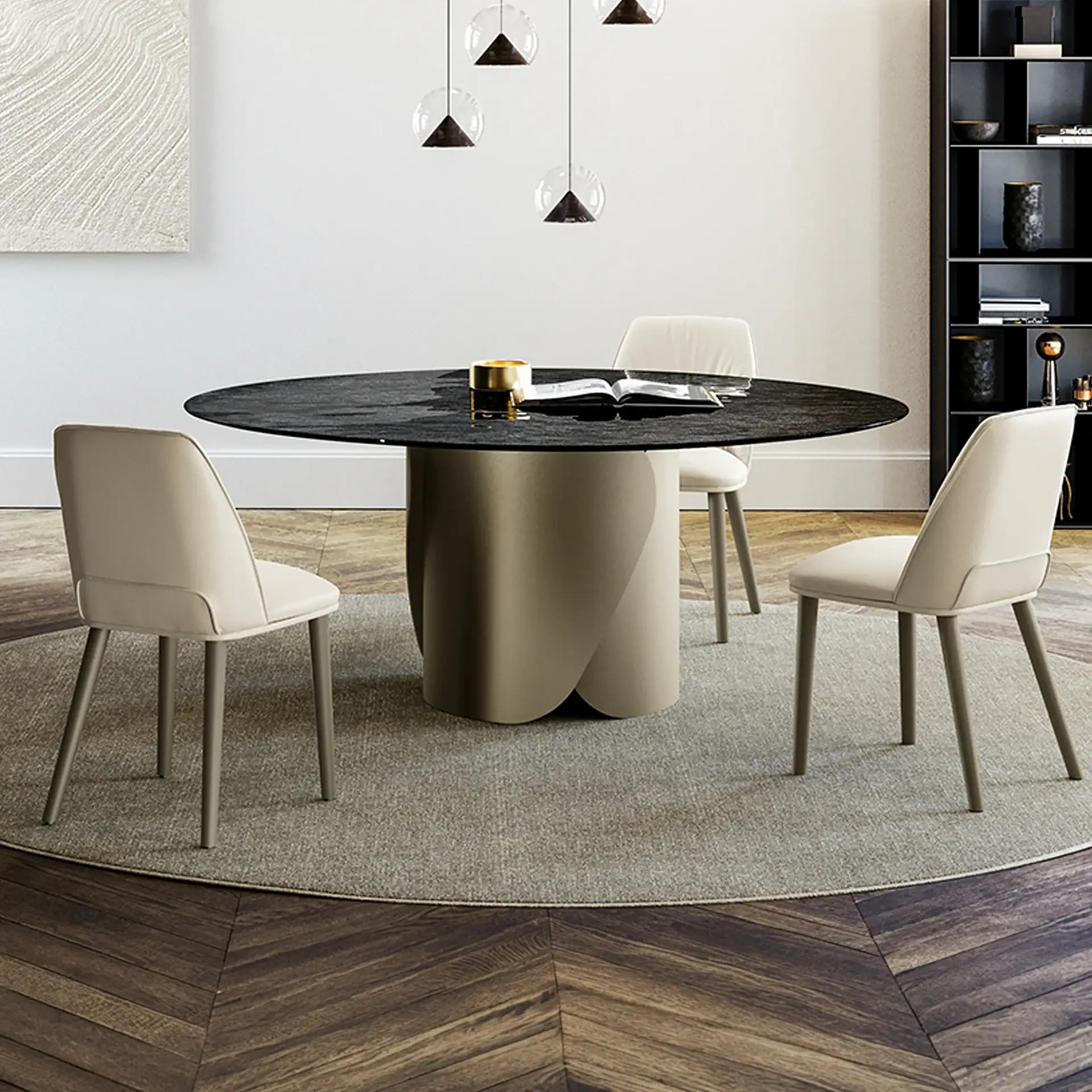 A modern dining room with a round black table, three beige chairs, a circular grey rug, and dark wood flooring. Four spherical pendant lights hang above the table, and a dark bookshelf is visible on the right.