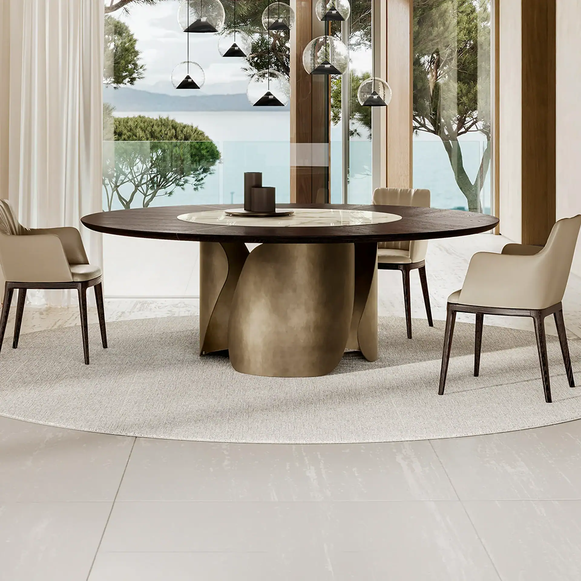 A modern dining room with a round dark wood table, beige chairs, and spherical pendant lights, set against a large window overlooking a lake and trees.