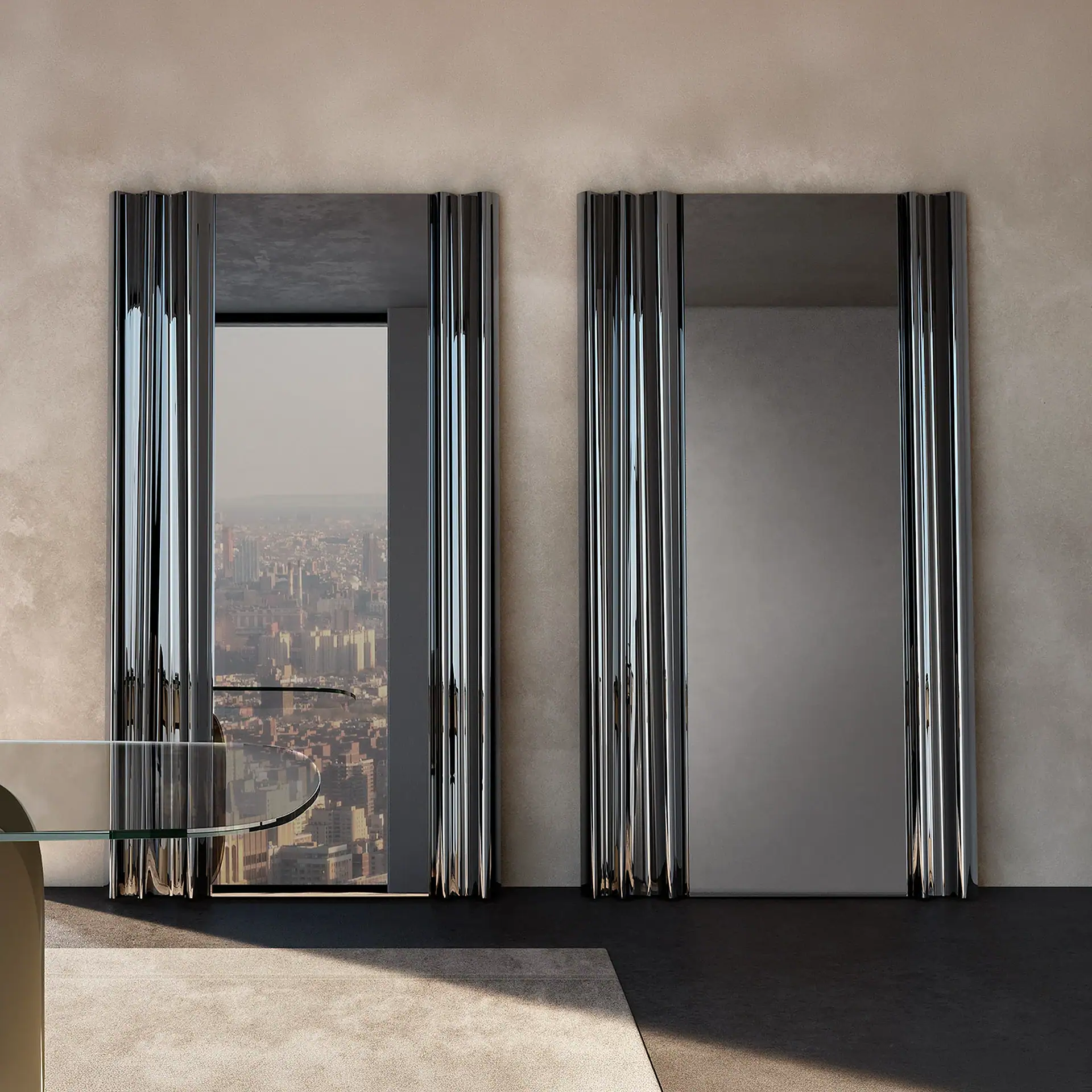 Sklar Furnishings Rolli Vertical Mirror with city view reflection.