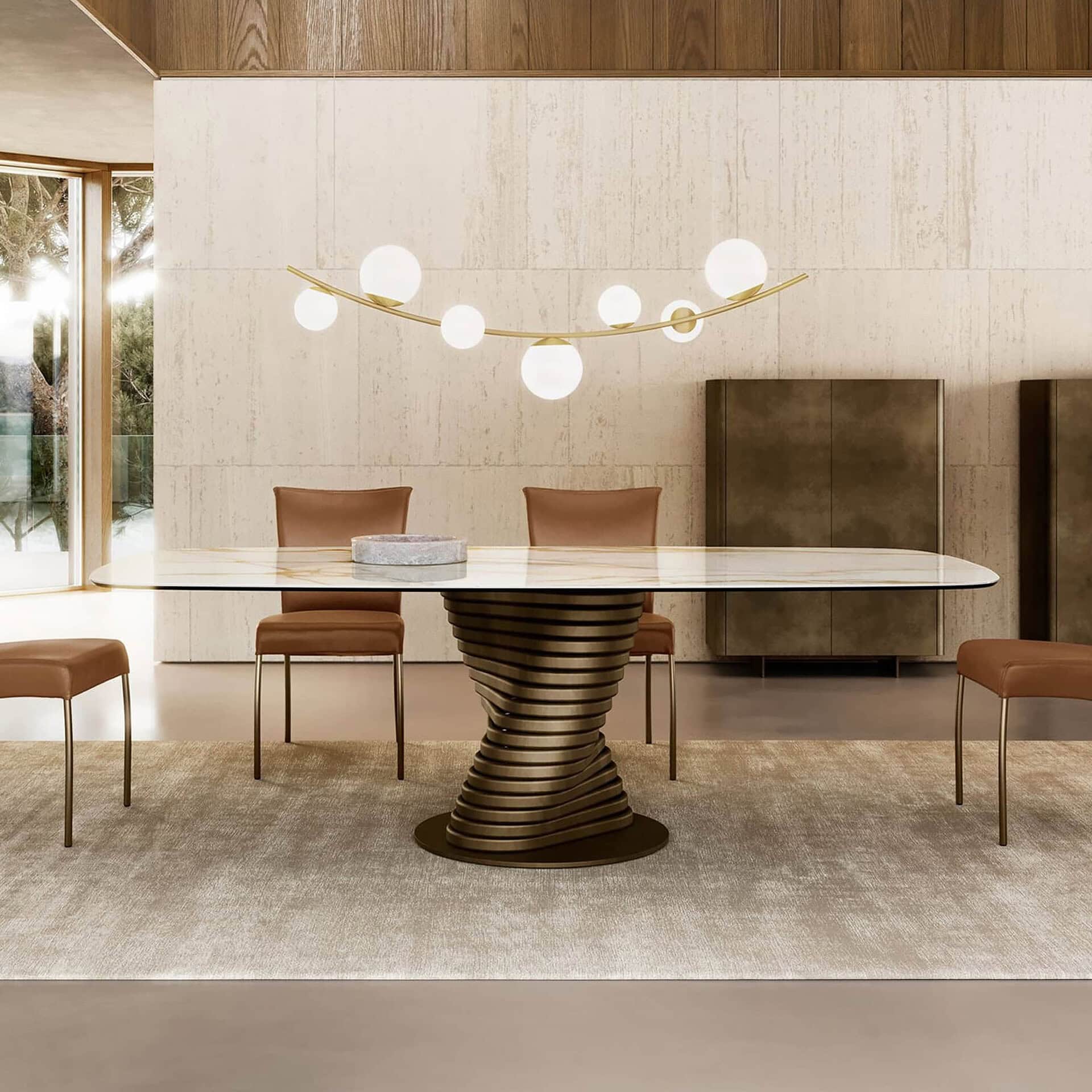 Contemporary dining room featuring a sculptural table and modern lighting fixtures.
