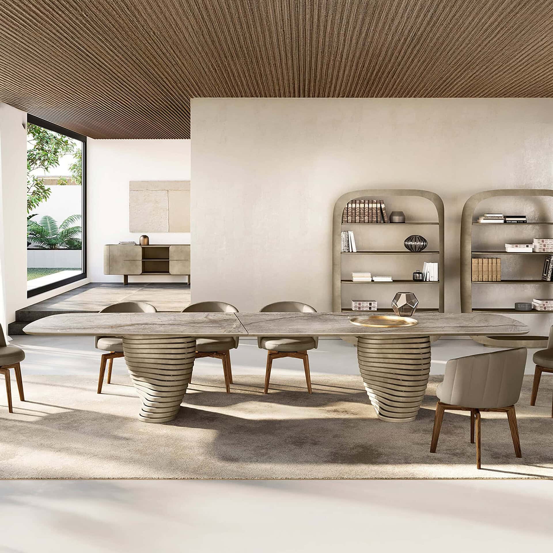 Contemporary conference room with wooden furniture and natural lighting.