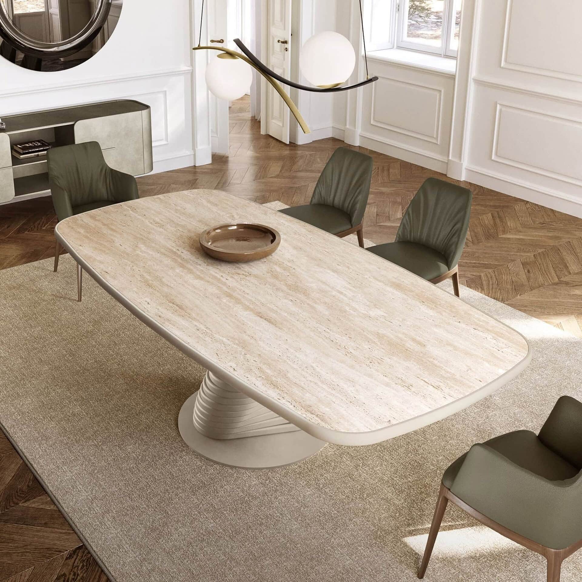 Modern dining table with stylish chairs in a bright, elegant room setting.