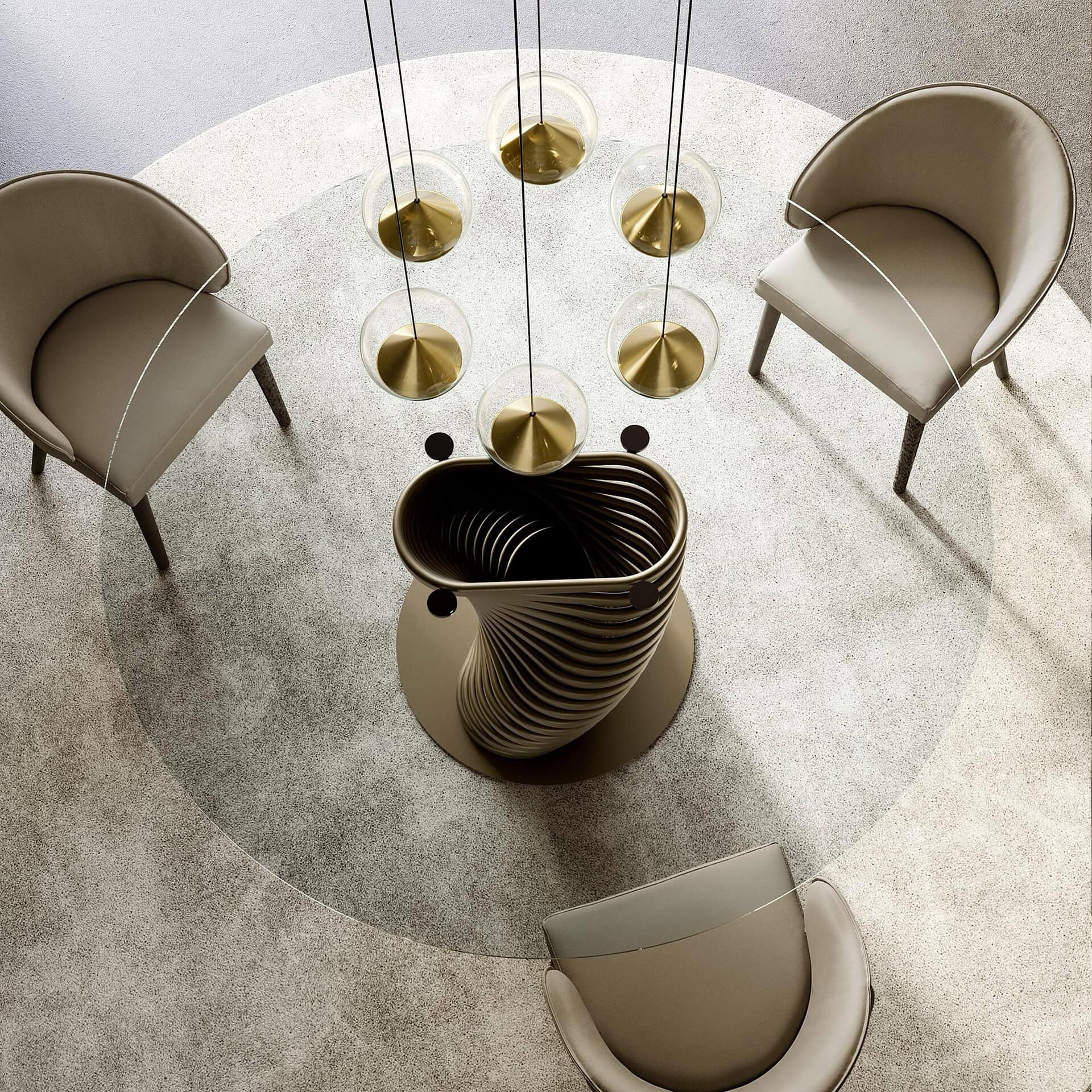 Elegant round dining table with gold pendant lights and comfortable chairs.