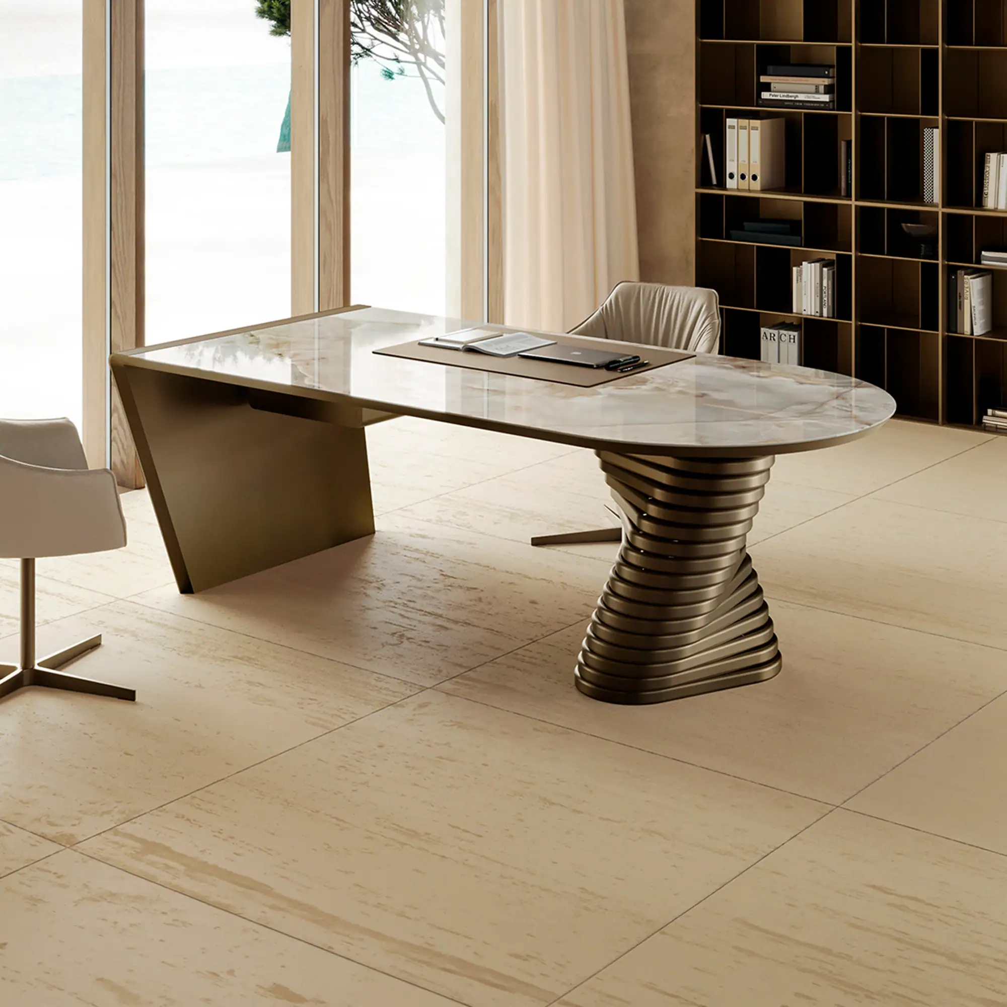 Sklar Furnishings Rotolo sculptural executive desk in a modern office setting.