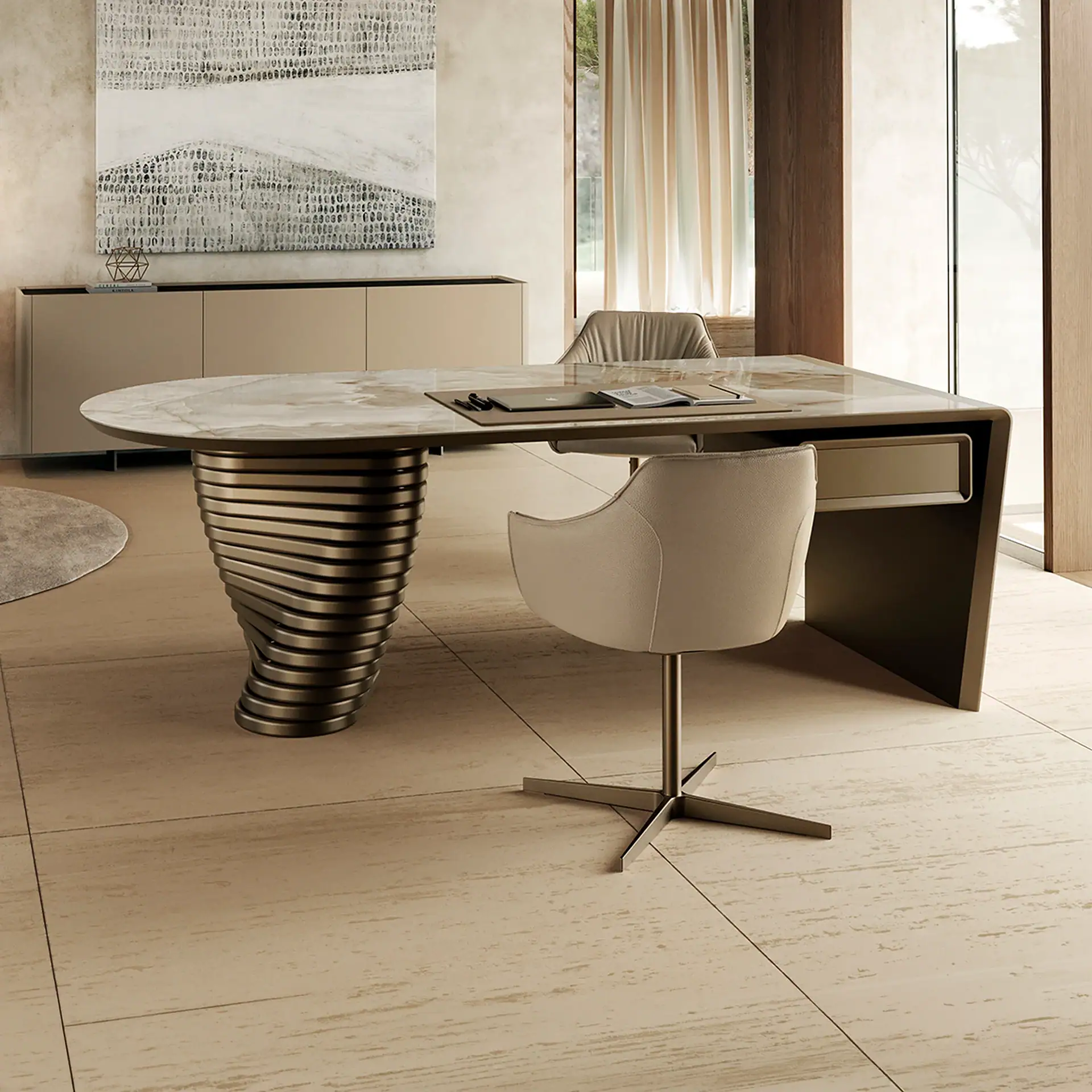 Sklar Furnishings Rotolo sculptural executive desk in modern office setting.