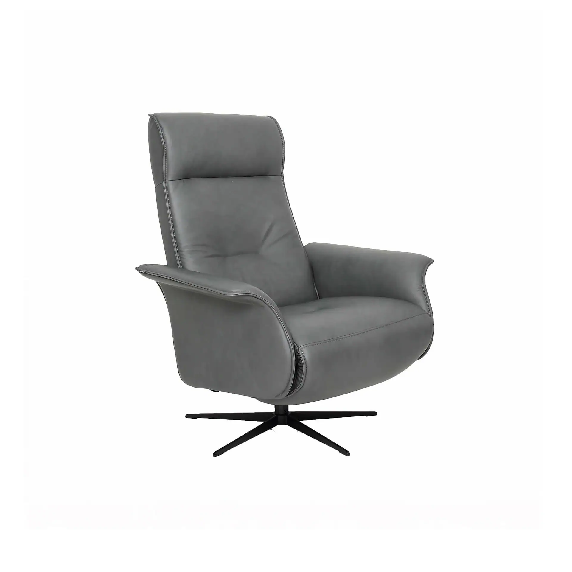 A gray high-back armchair with curved armrests and a black star-shaped swivel base on a white background.