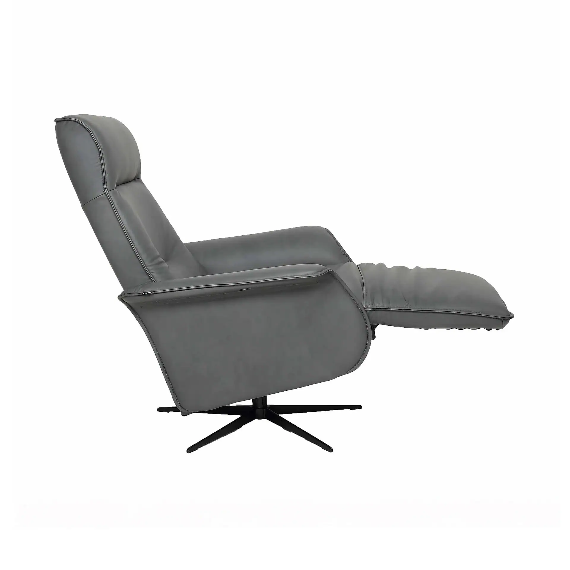 Side view of a gray recliner chair with an extended footrest and a black star-shaped base on a white background.