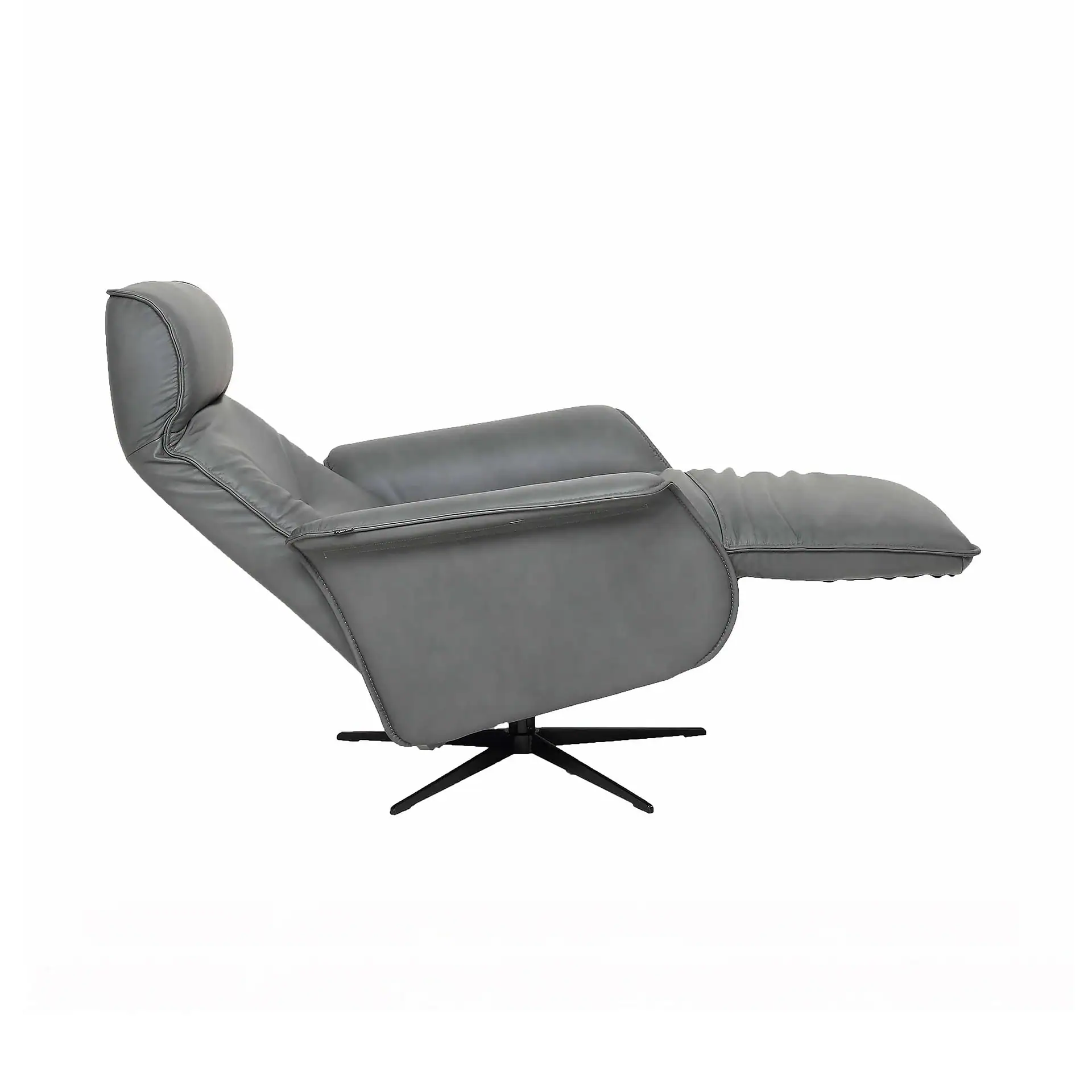 A gray recliner chair in a fully reclined position, with a black star-shaped base, against a white background.