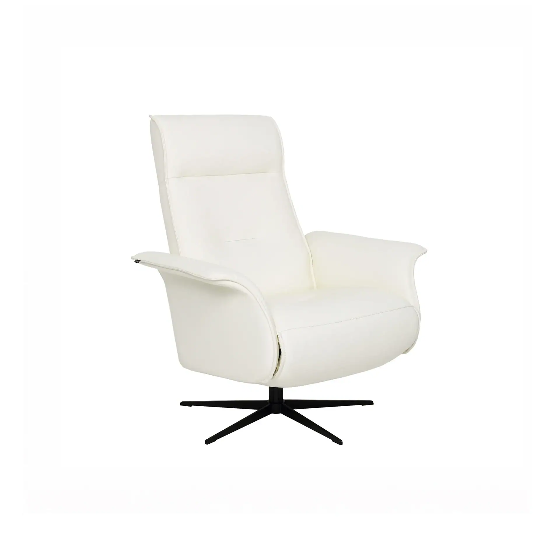 A white upholstered armchair with a high back and black five-star base on a white background.