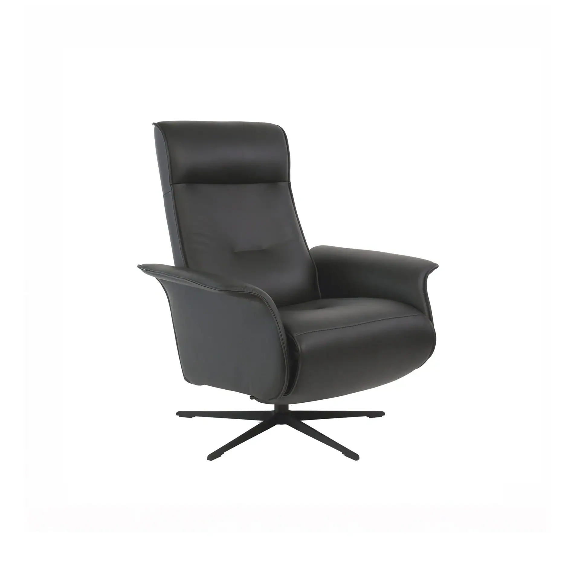 A black leather recliner chair with a high back and a five-star black metal base, shown on a white background.