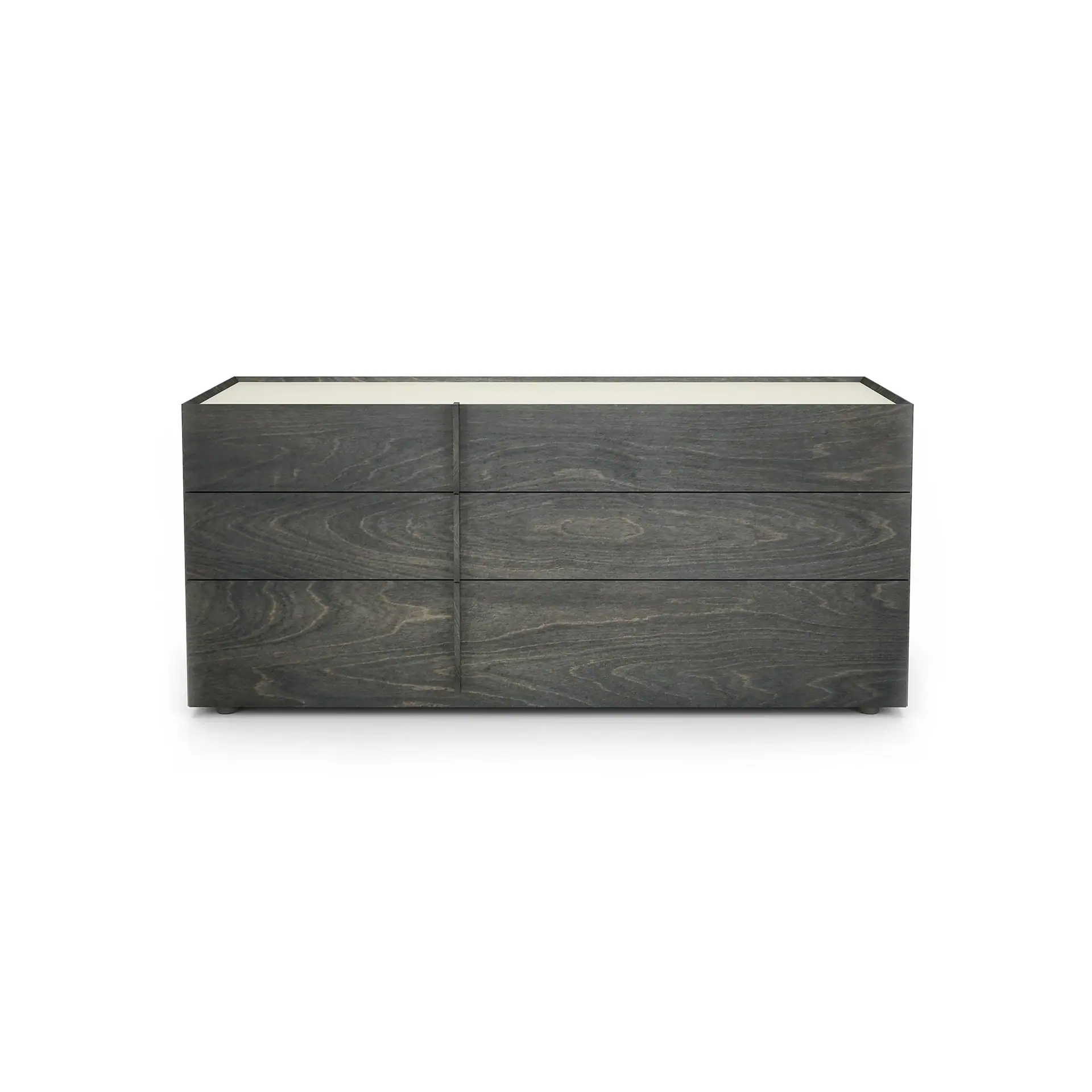 Dark gray wooden dresser with six drawers and a light cream top, on a white background.