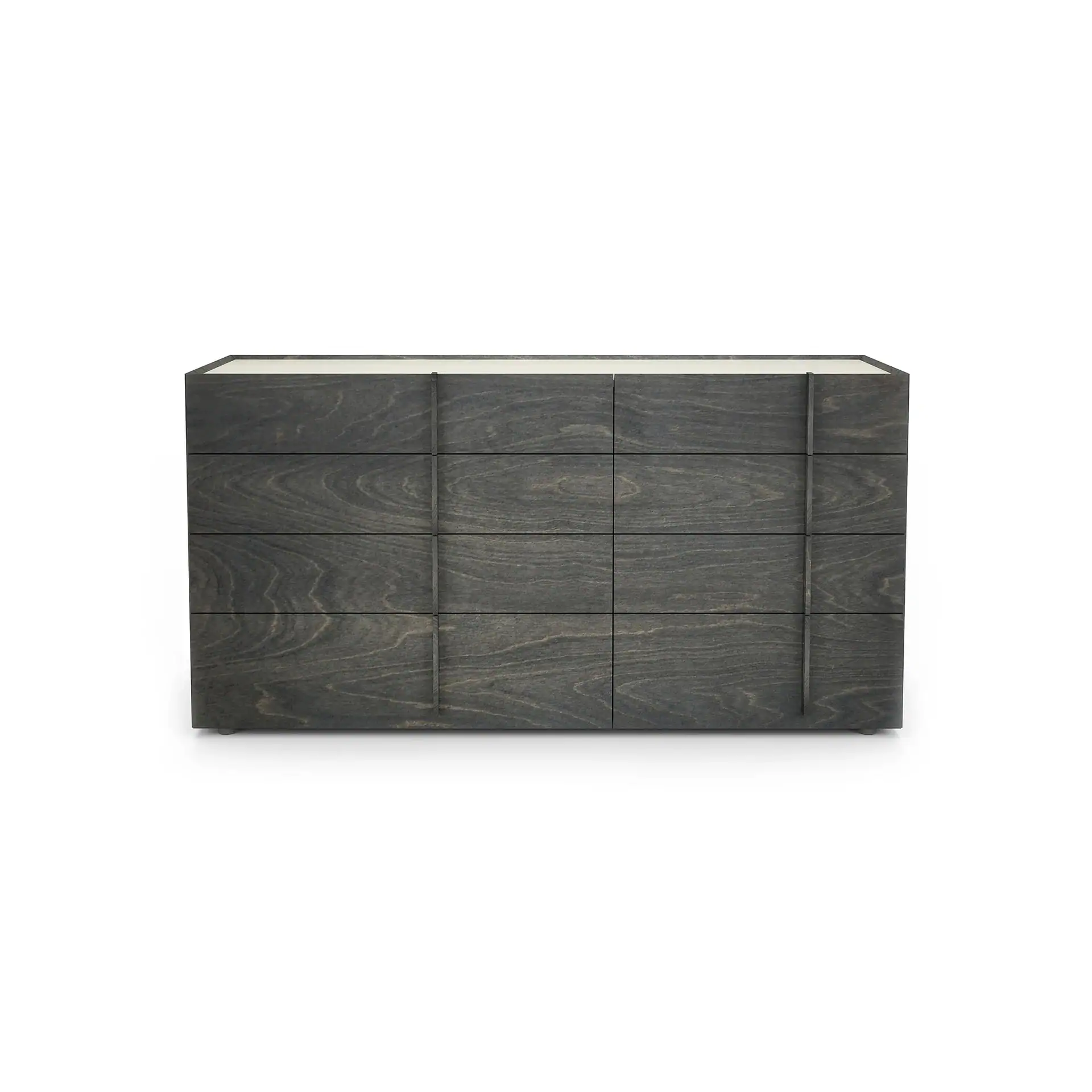 A dark gray wooden dresser with six drawers and a light-colored top, on a white background.