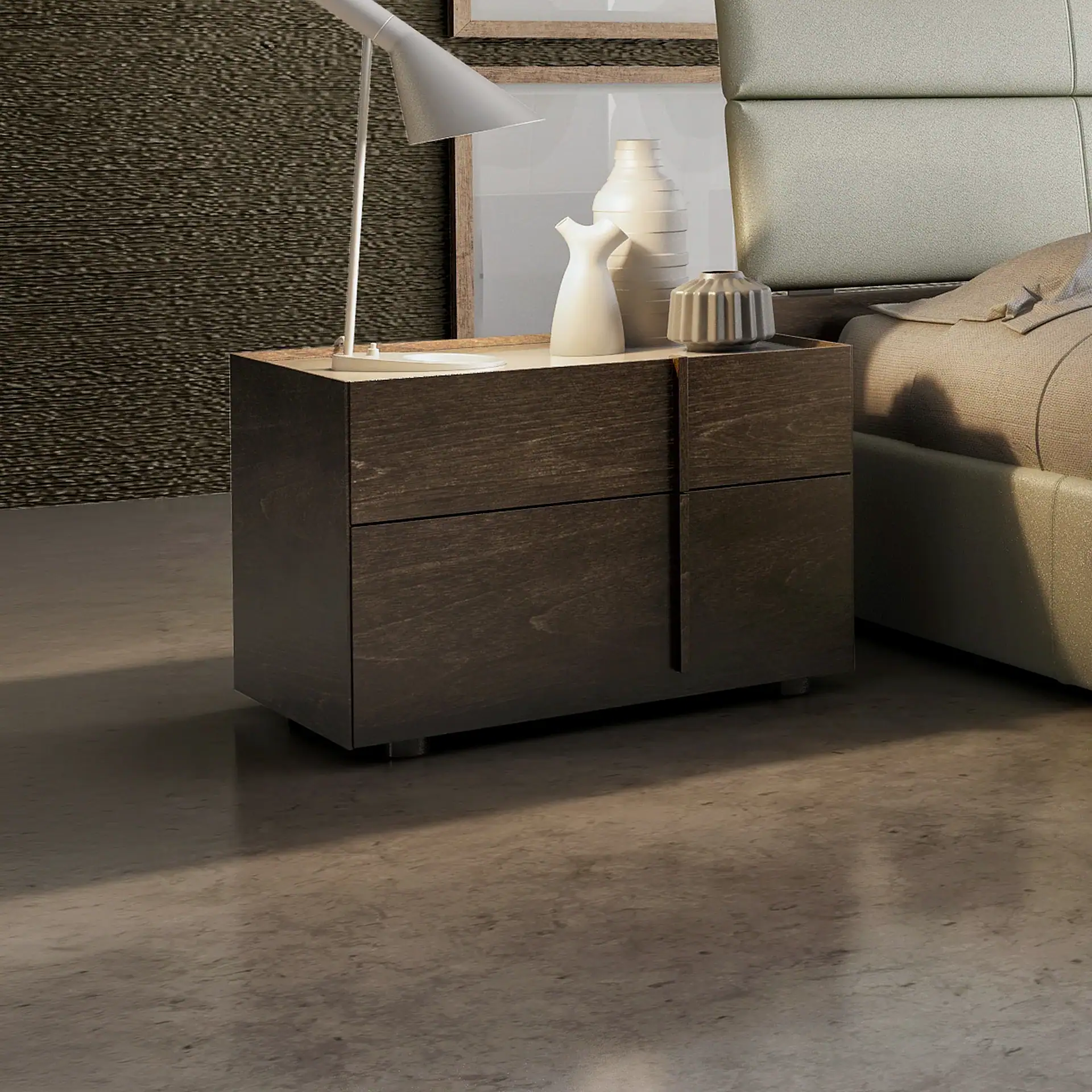 A modern dark wooden nightstand with a white lamp and three decorative vases, next to a bed with a light green headboard.