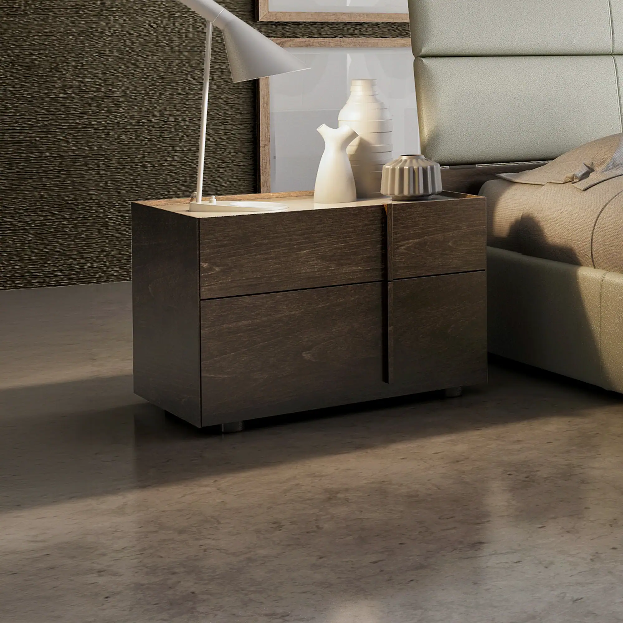 A modern dark wooden nightstand with a white lamp and three decorative vases, next to a bed with a light green headboard.