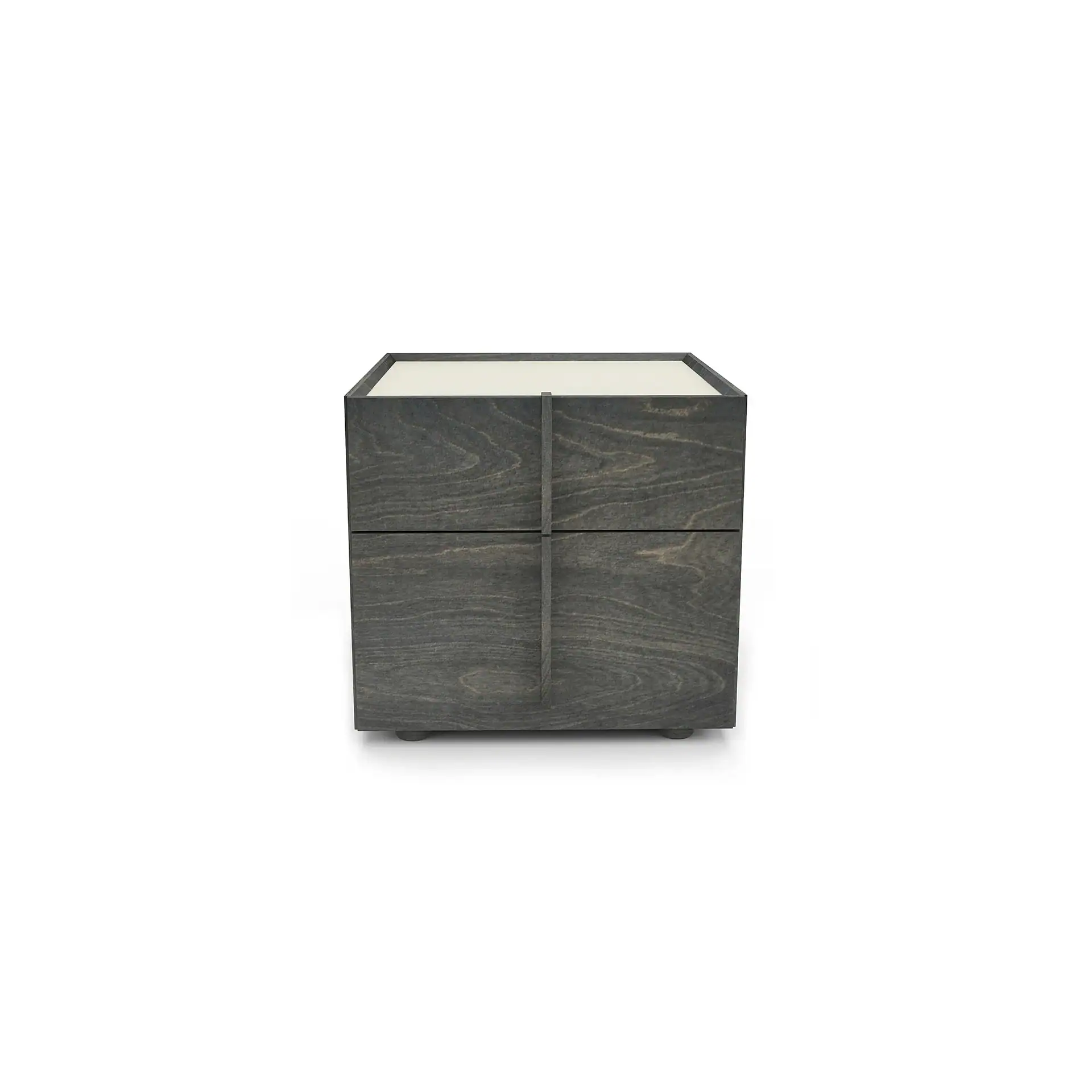 A dark gray wooden nightstand with a light top and a cross-shaped design on its front, standing on small feet against a white background.