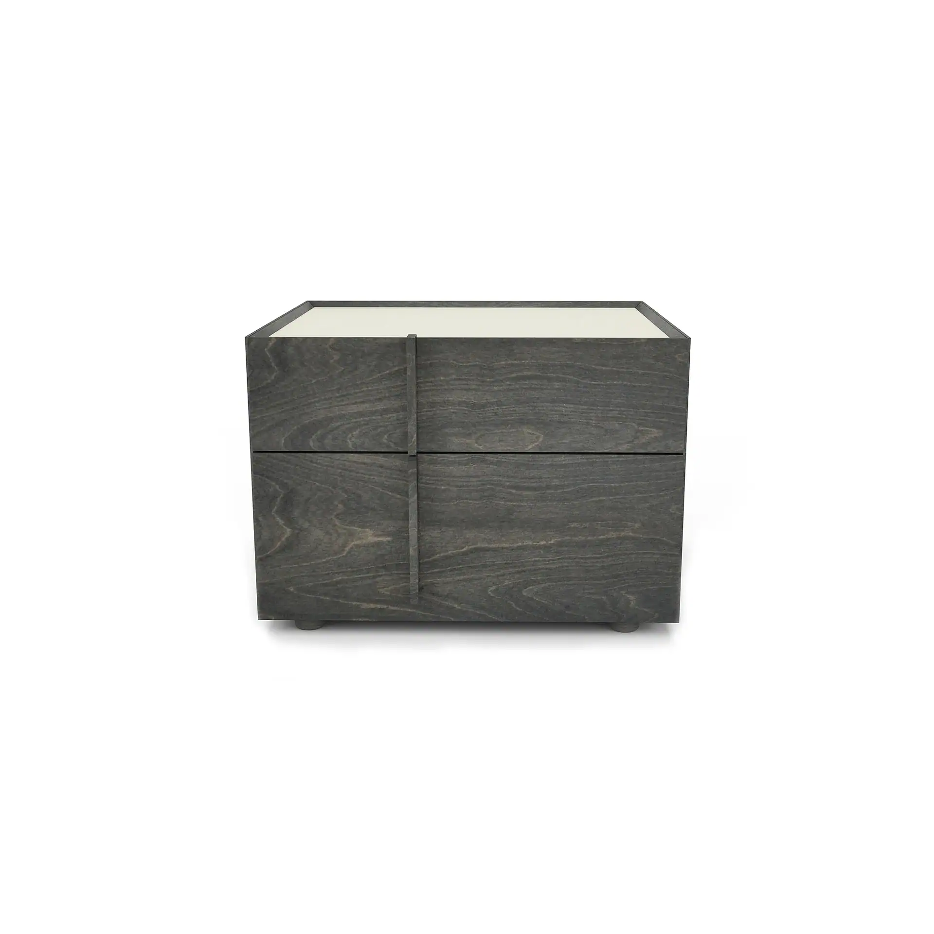 Dark gray wooden nightstand with a light top and two drawers, featuring a cross-shaped detail on the front.