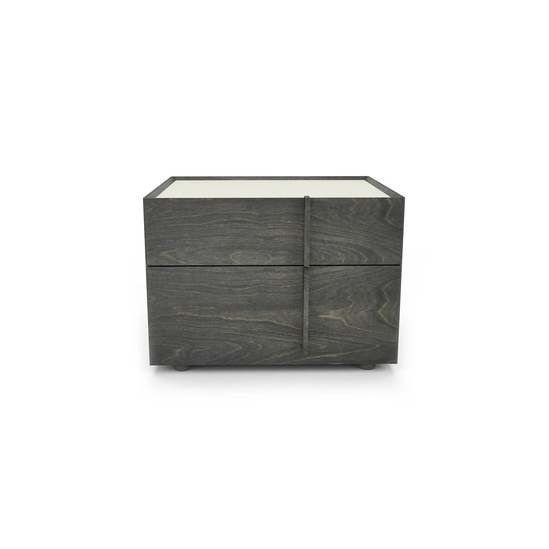 Dark gray wooden nightstand with two drawers, a creamy white top, and a vertical wood strip on the front, on a white background.