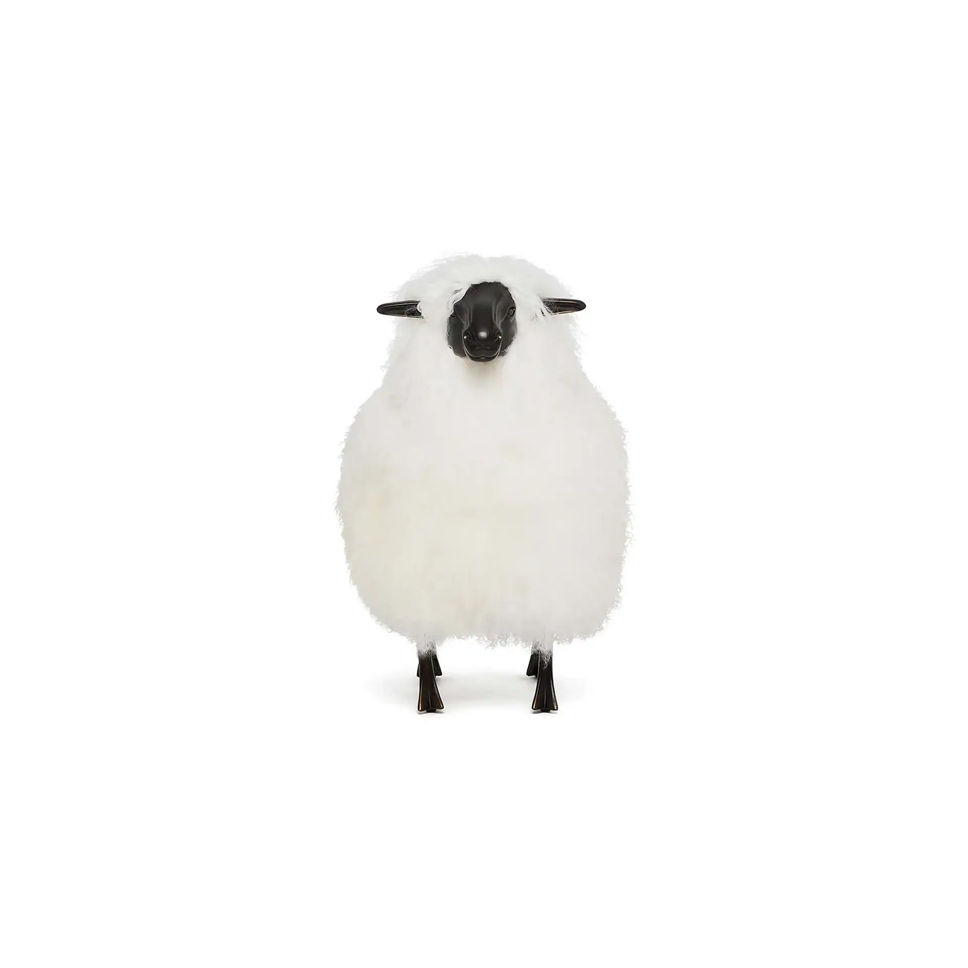 A decorative sheep figure with a fluffy white body and black head and legs, on a white background.