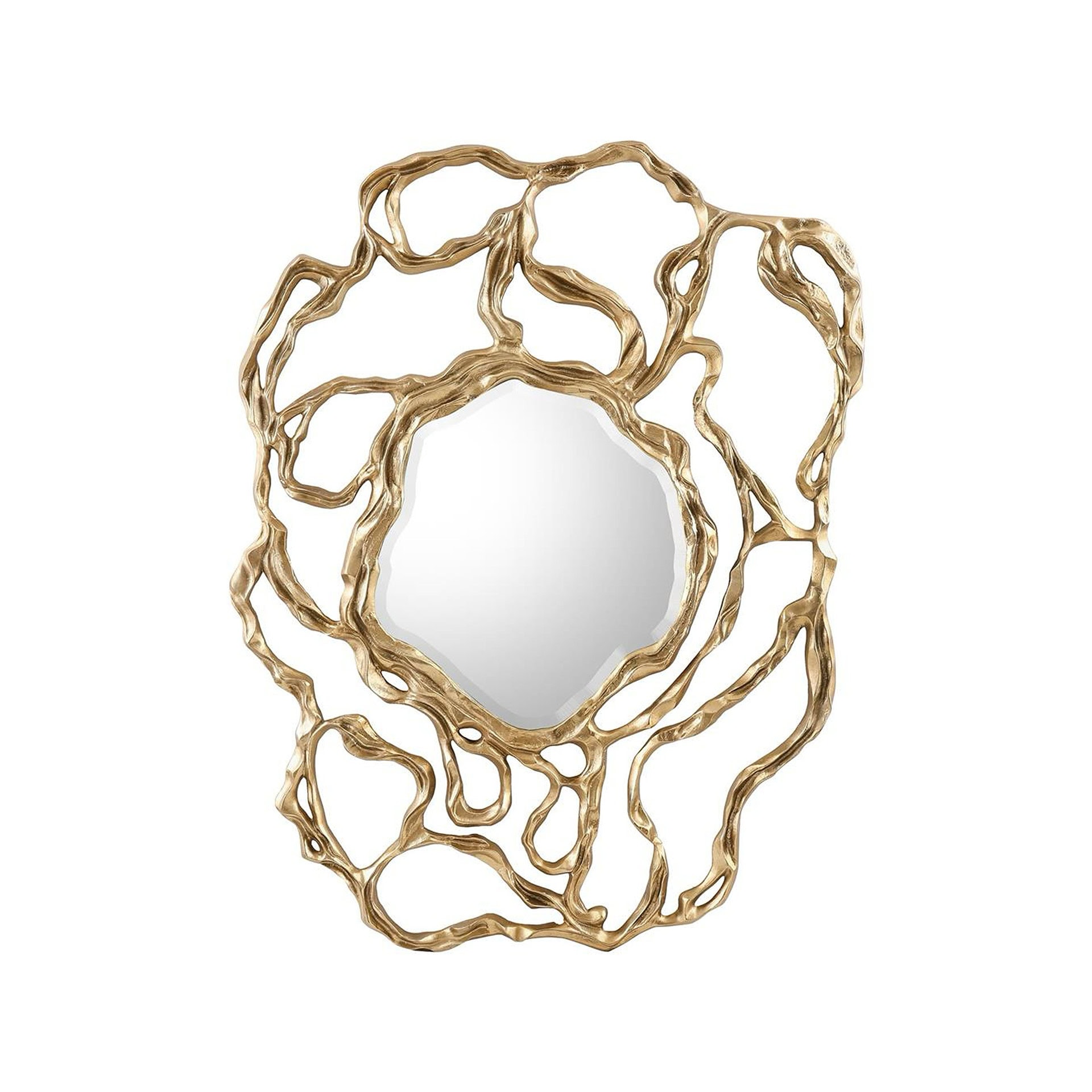 Gold decorative mirror with an abstract, organic frame design.