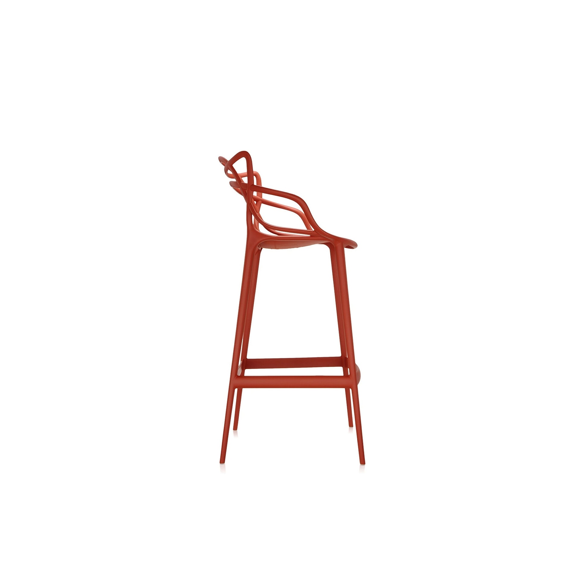 Stylish red bar stool with a contemporary design and curved backrest.