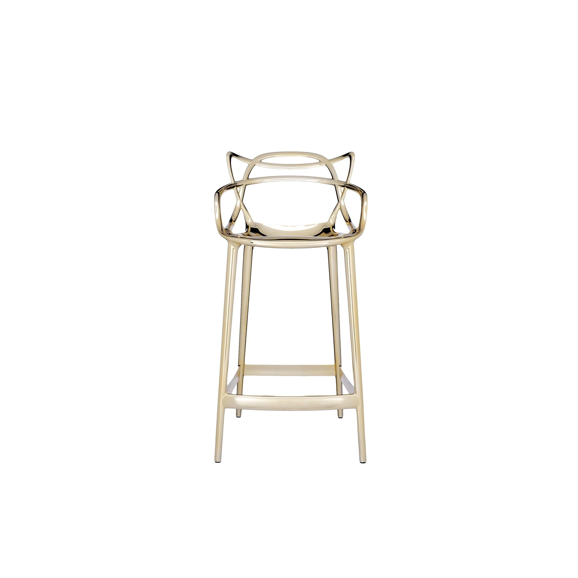 Elegant gold bar stool with unique armrest design for modern interiors.