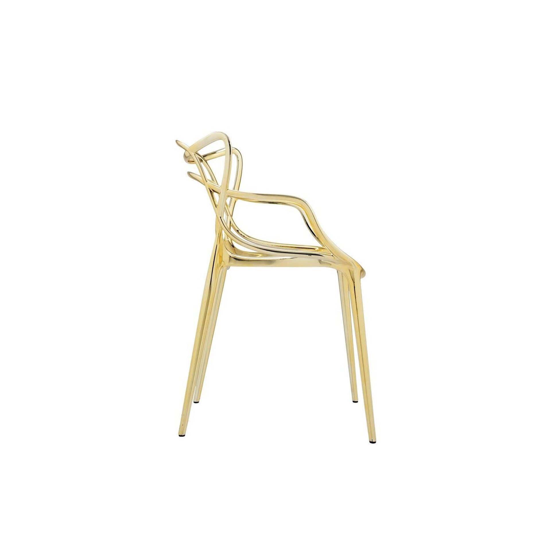 A golden, translucent, sculptural chair with flowing, organic lines for the backrest and armrests, viewed from the side against a white background.